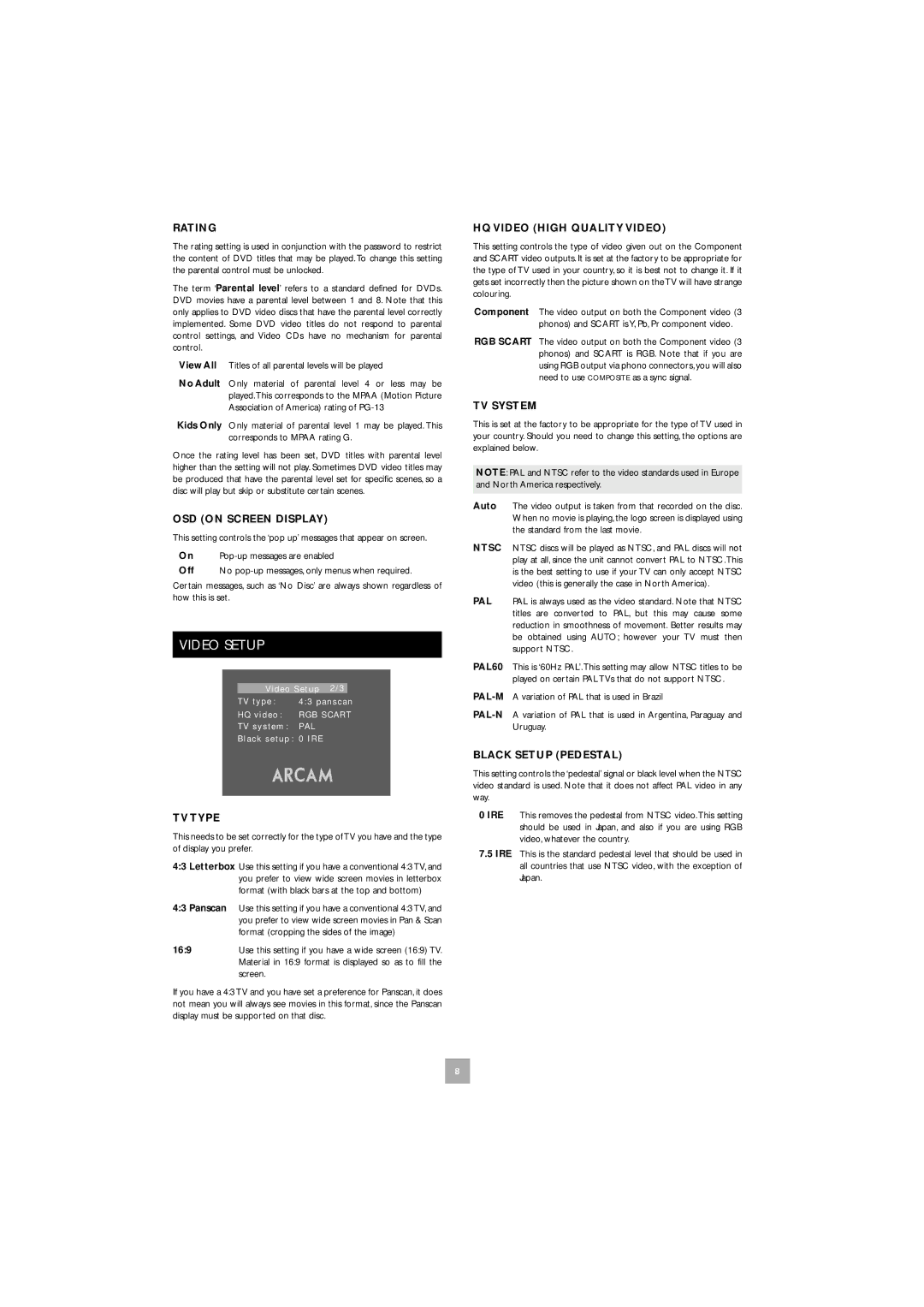 Arcam DV27 manual Video Setup 