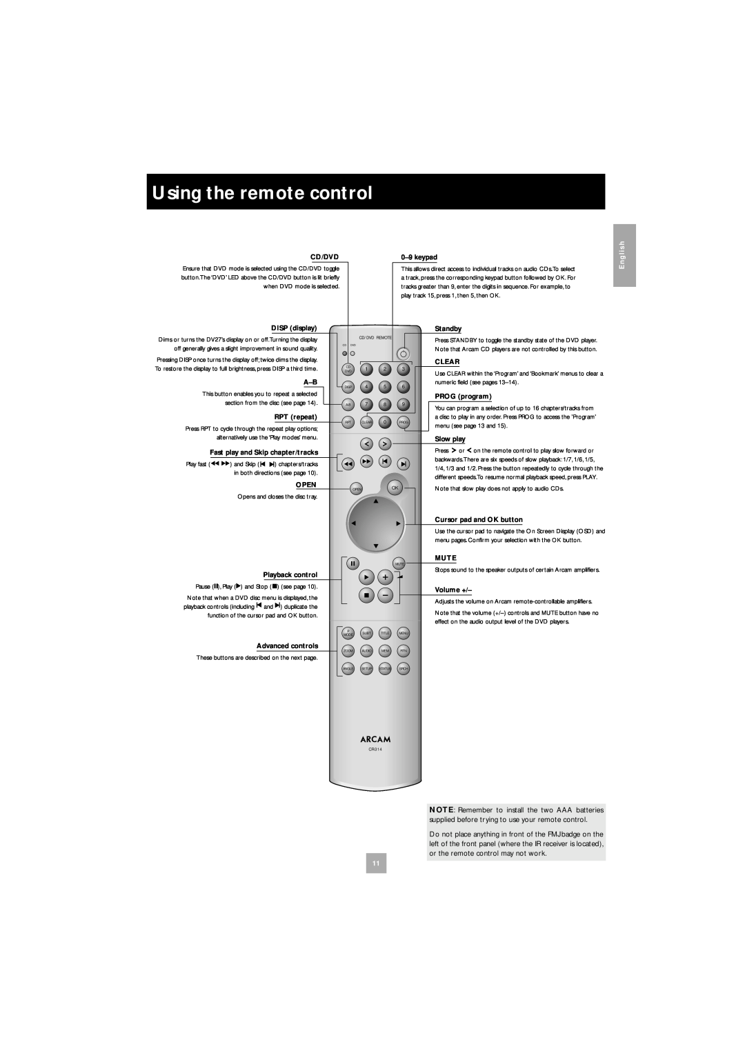 Arcam DV27 manual Using the remote control, or the remote control may not work, English 