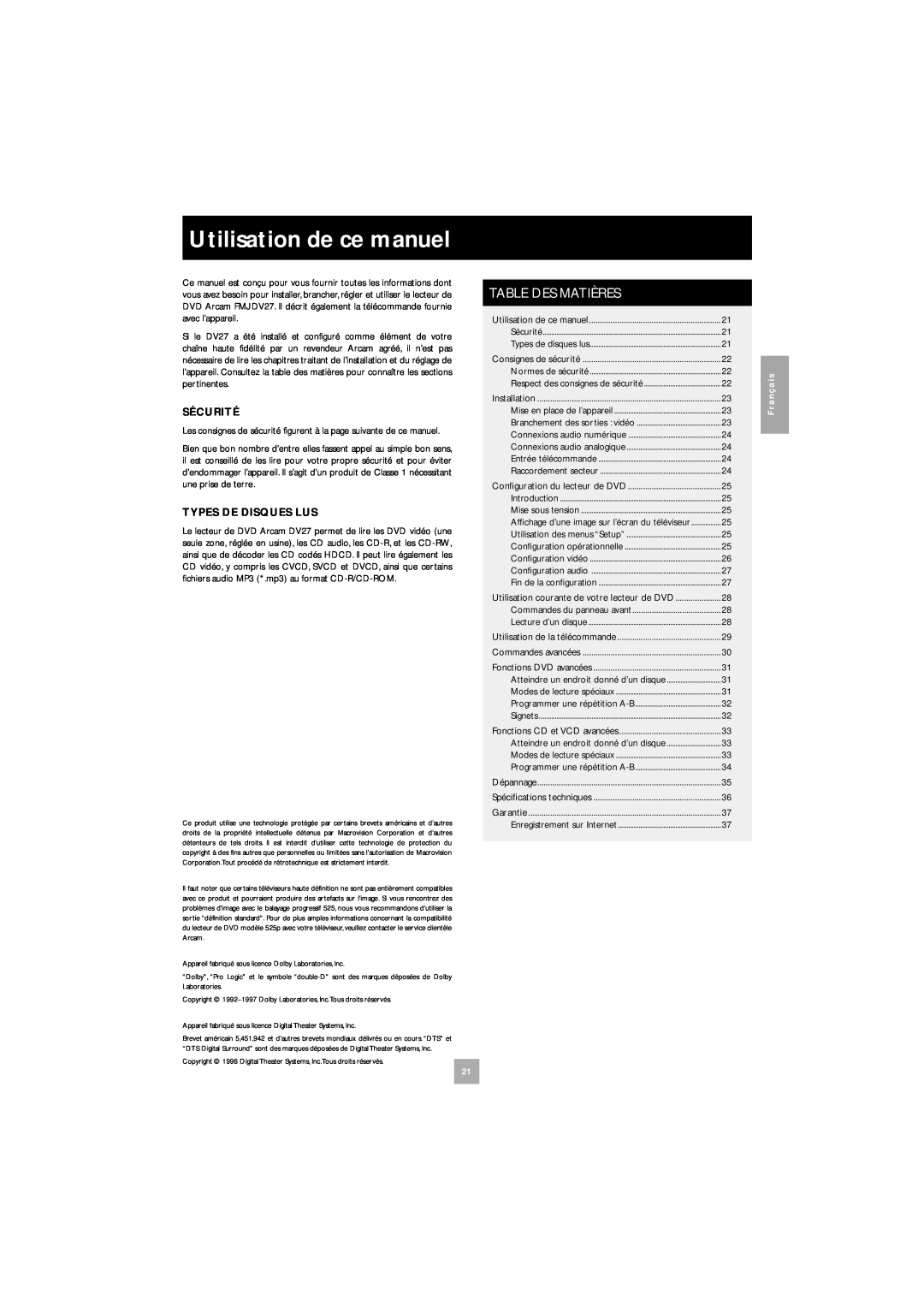 Arcam DV27 manual Utilisation de ce manuel, Table Des Matières 
