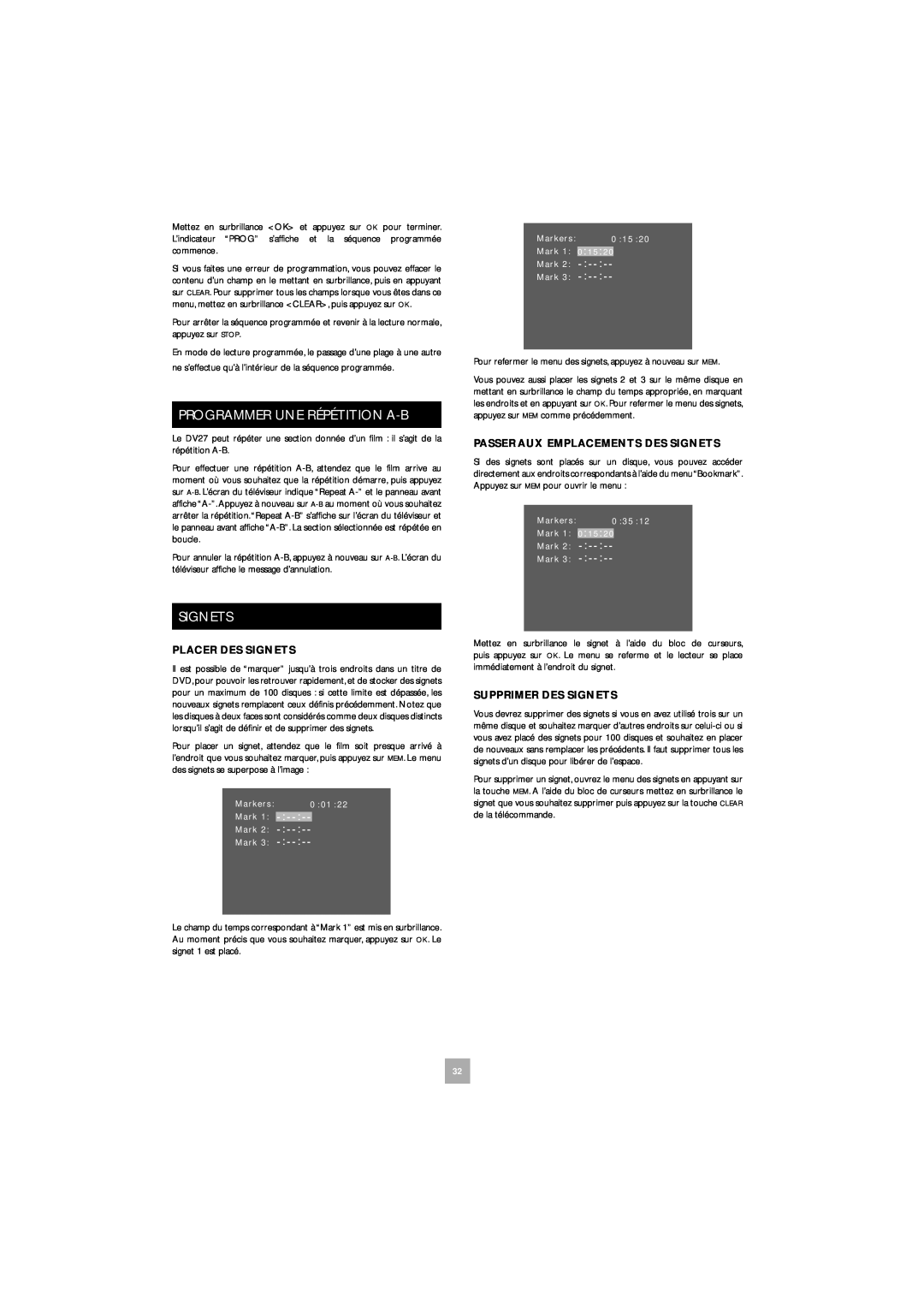 Arcam DV27 manual Programmer Une Répétition A-B, Placer Des Signets, Passer Aux Emplacements Des Signets 