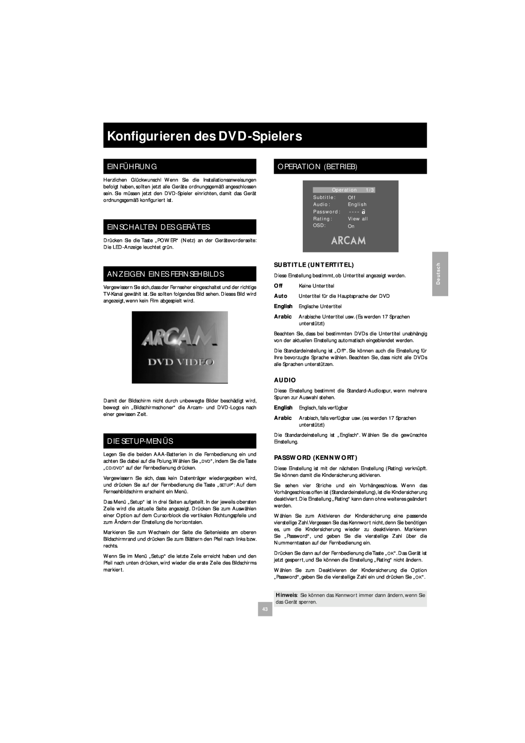 Arcam DV27 manual Konﬁgurieren des DVD-Spielers, Einführung, Einschalten Des Gerätes, Anzeigen Eines Fernsehbilds 