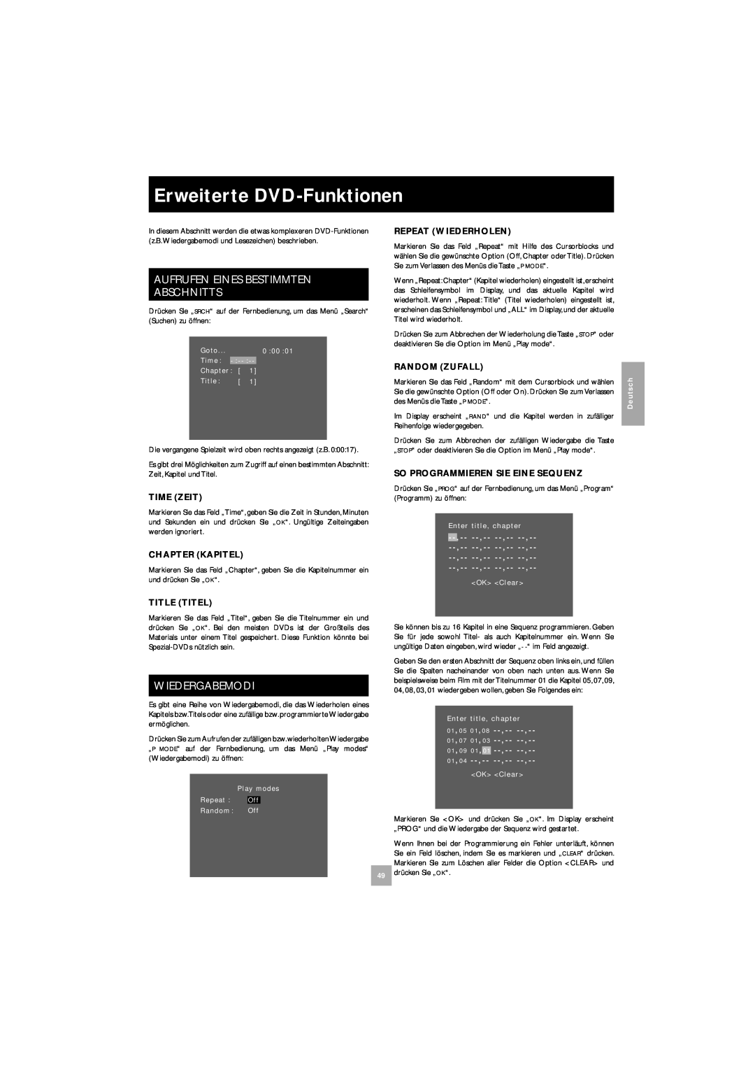 Arcam DV27 manual Erweiterte DVD-Funktionen, Aufrufen Eines Bestimmten Abschnitts, Wiedergabemodi 