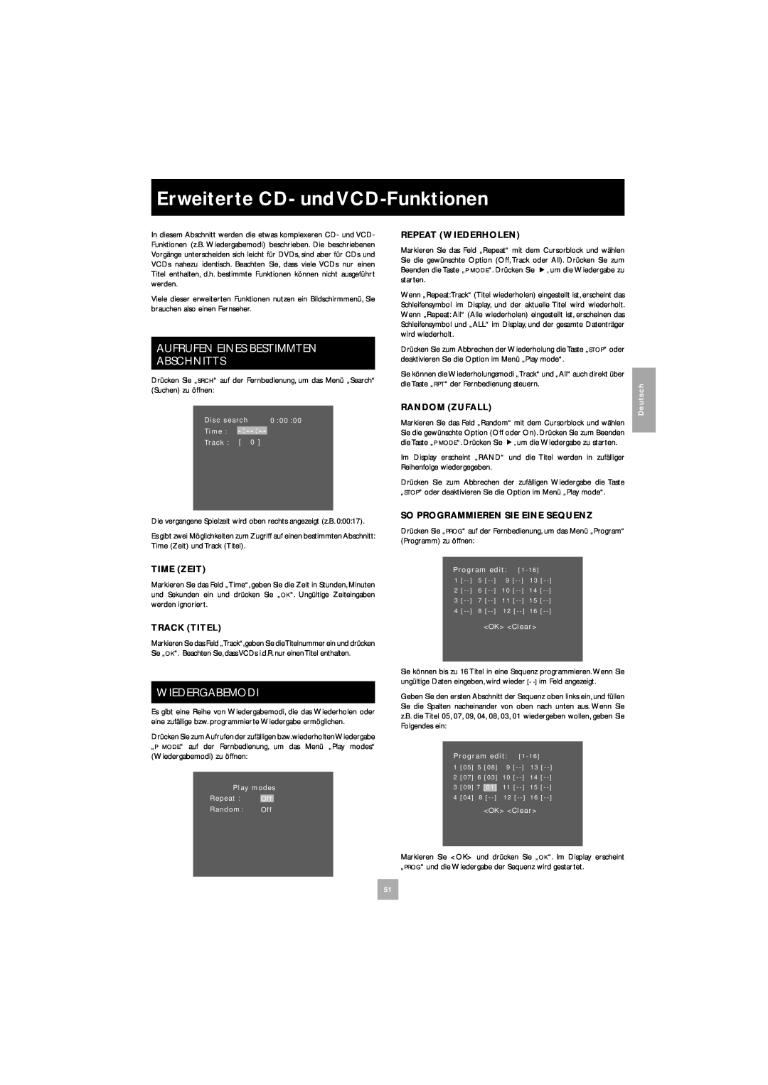 Arcam DV27 manual Erweiterte CD- und VCD-Funktionen, Aufrufen Eines Bestimmten Abschnitts, Wiedergabemodi, e u t s c 