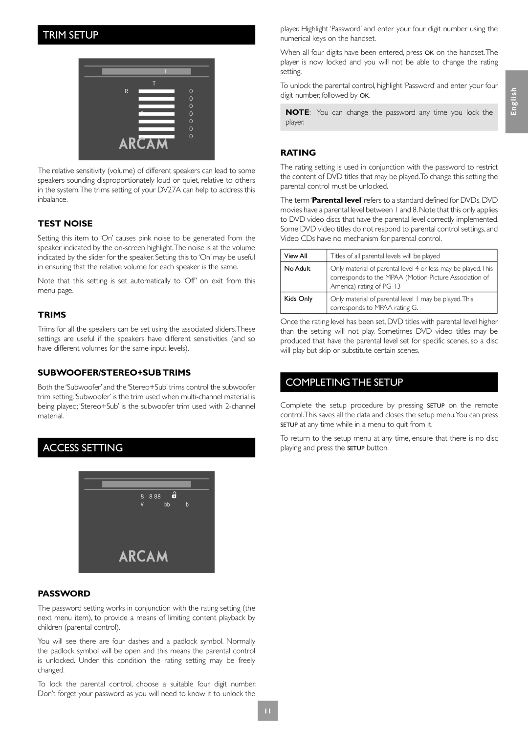 Arcam DV27A manual Trim Setup, Access Setting, Completing the Setup 