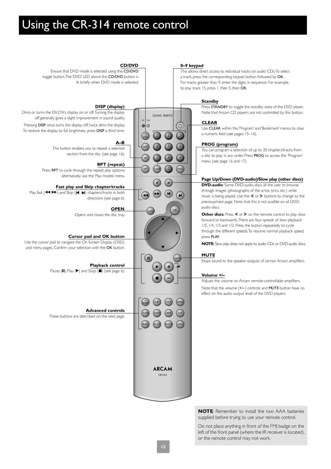 Arcam DV27A manual Using the CR-314 remote control 