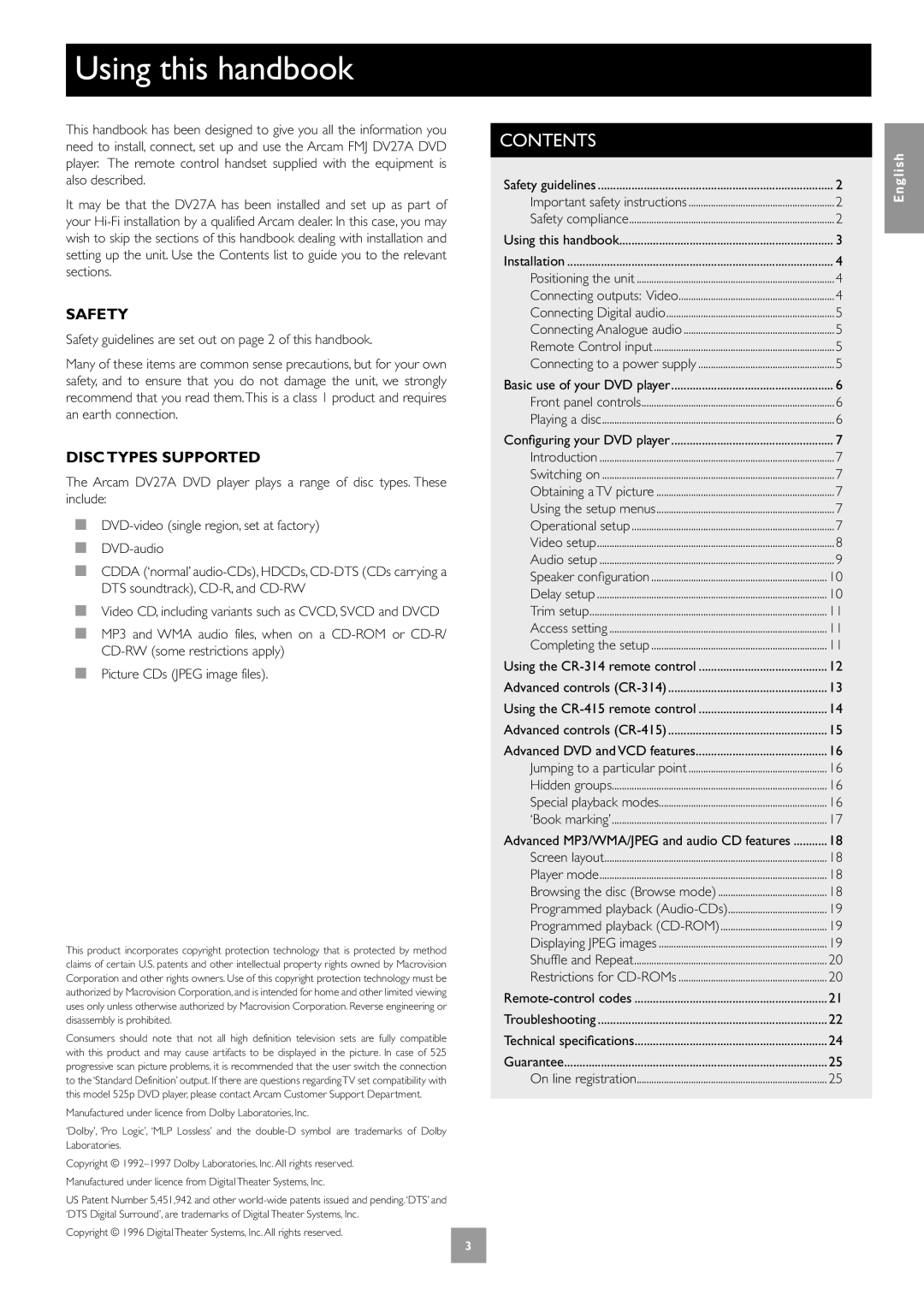 Arcam DV27A manual Using this handbook, Contents 