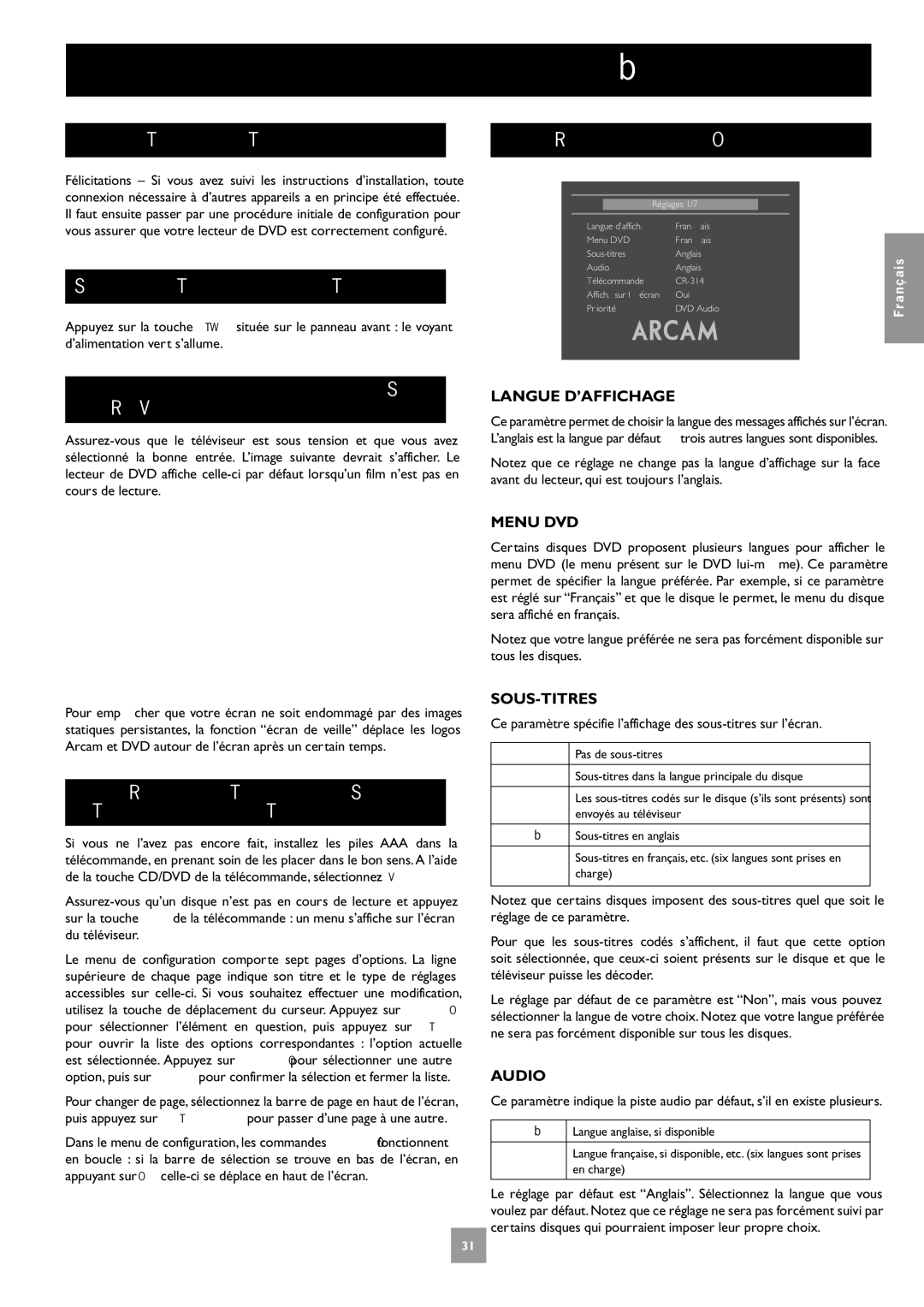 Arcam DV27A Configuration du lecteur de DVD, Mise Sous Tension, Réglages DE Base, Utilisation DES Menus DE Configuration 