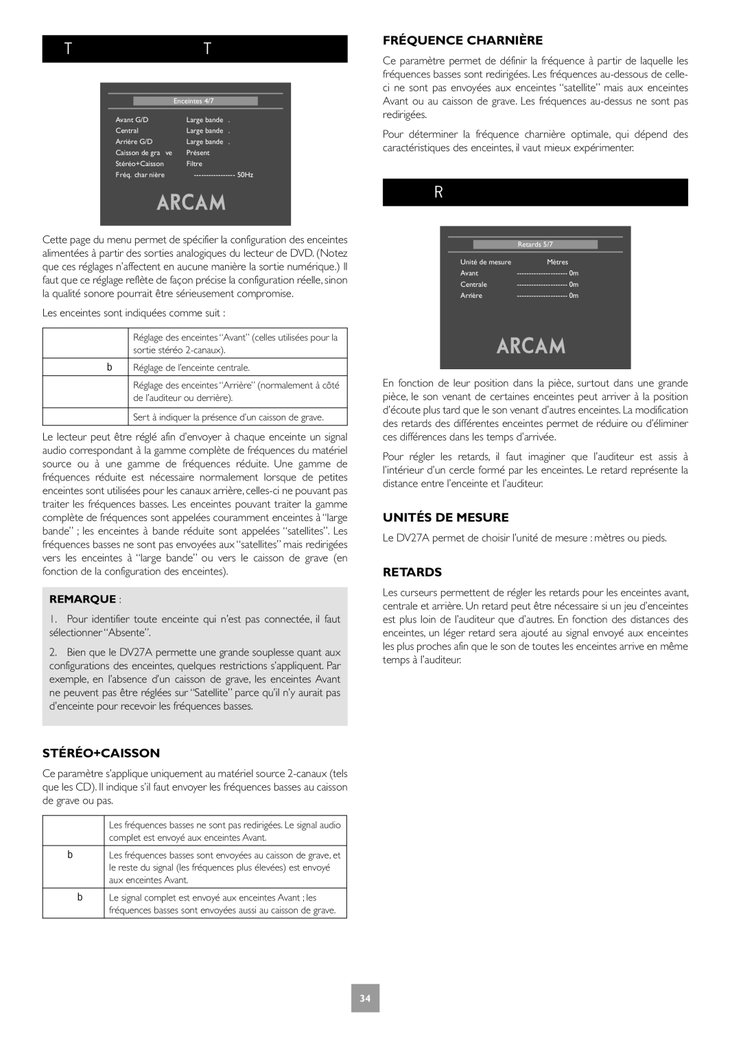 Arcam DV27A manual Configuration DES Enceintes, Réglage DES Retards 