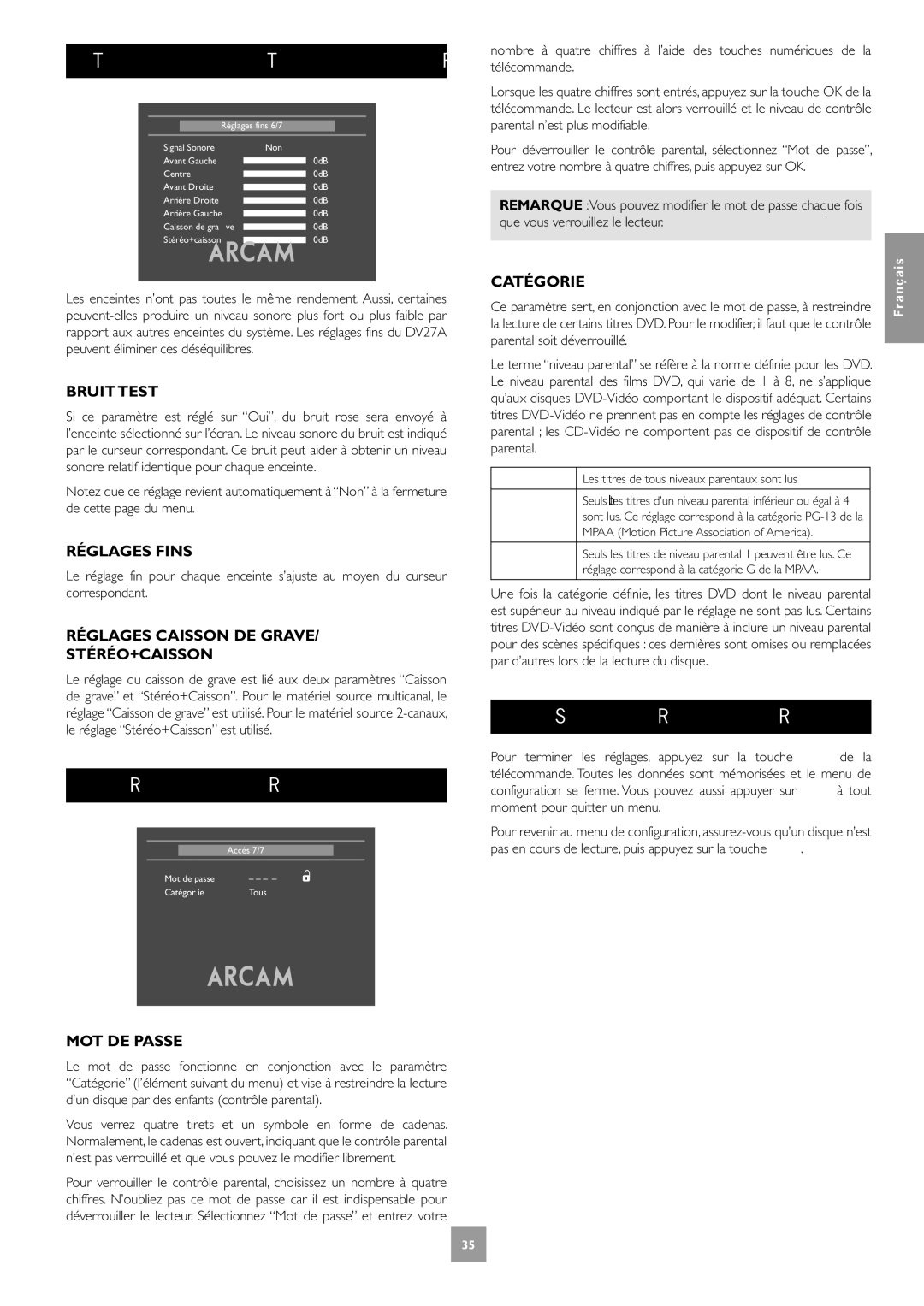 Arcam DV27A manual Configuration DES Réglages Fins, Réglage DE L’ACCÈS, Terminer LES Réglages 