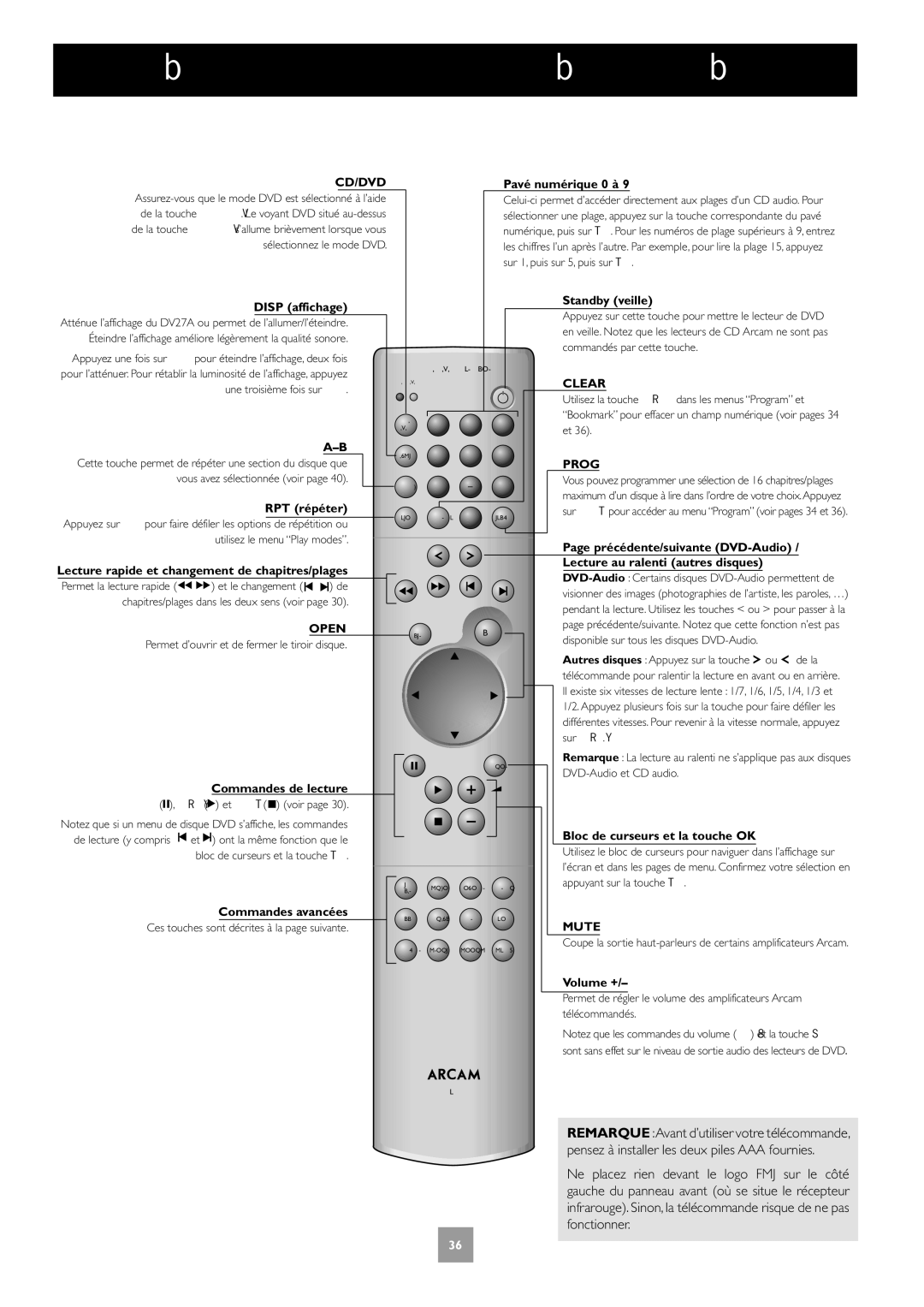 Arcam DV27A manual Utilisation de la télécommande CR-314 