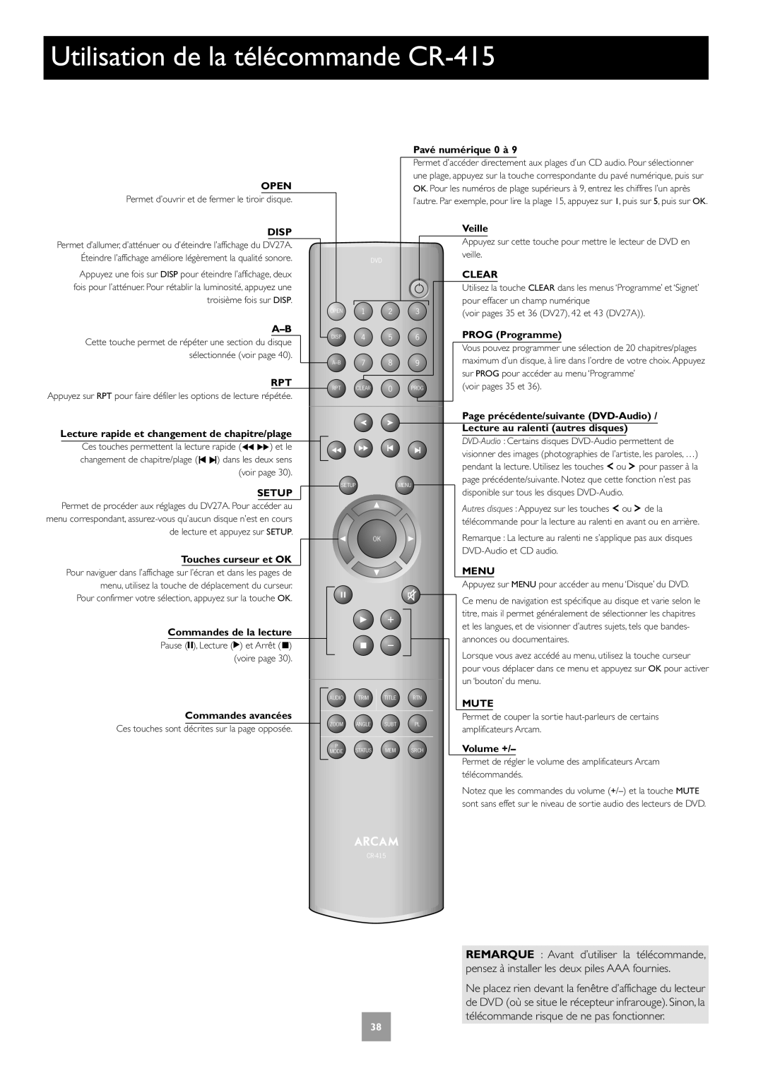 Arcam DV27A manual Utilisation de la télécommande CR-415, Commandes de la lecture, Commandes avancées 