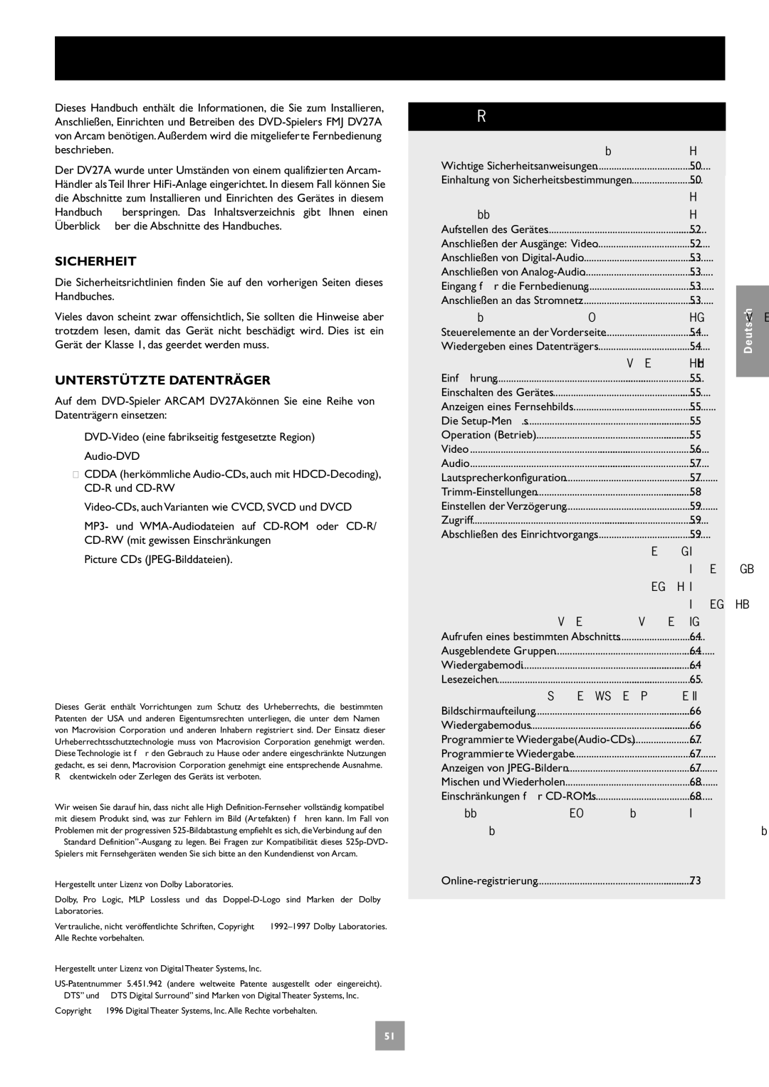 Arcam DV27A manual Hinweise zum Handbuch, Inhalt, Sicherheit, Unterstützte Datenträger 