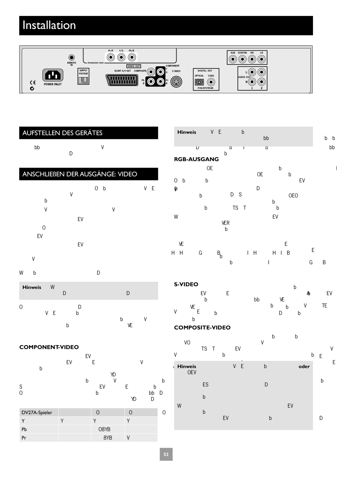 Arcam manual Aufstellen DES Gerätes, Component-Video, Rgb-Ausgang, Composite-Video, DV27A-Spieler Andere Bez 