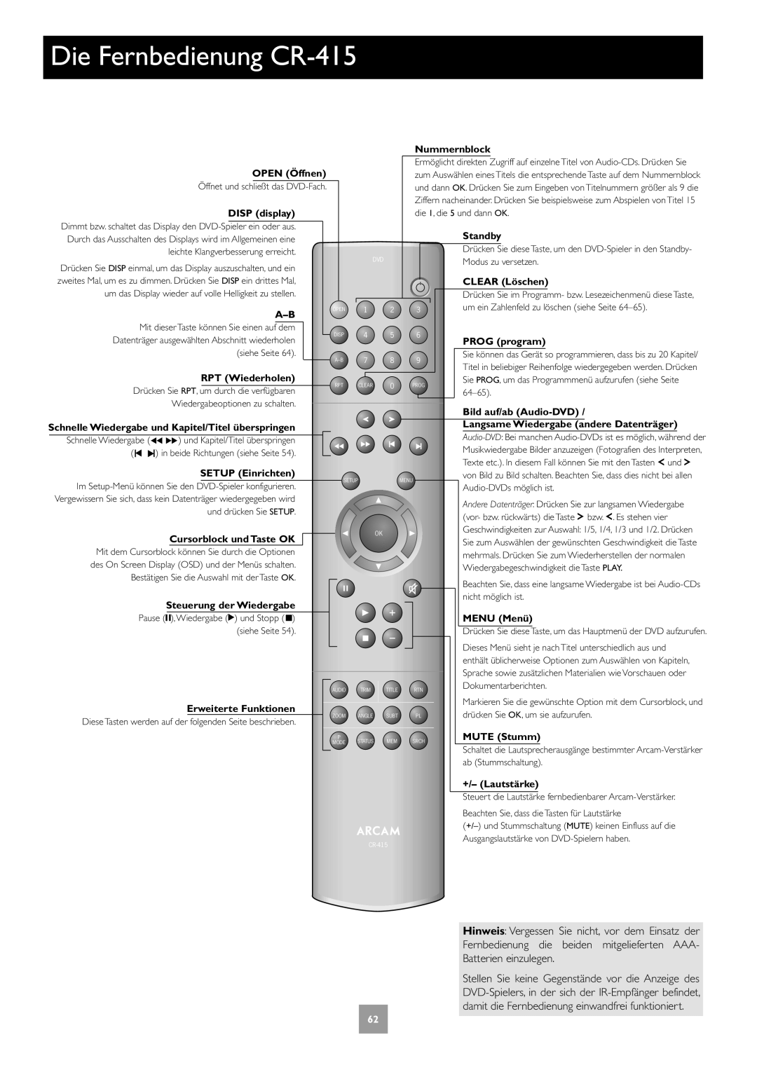 Arcam DV27A manual Die Fernbedienung CR-415, Menu Menü 