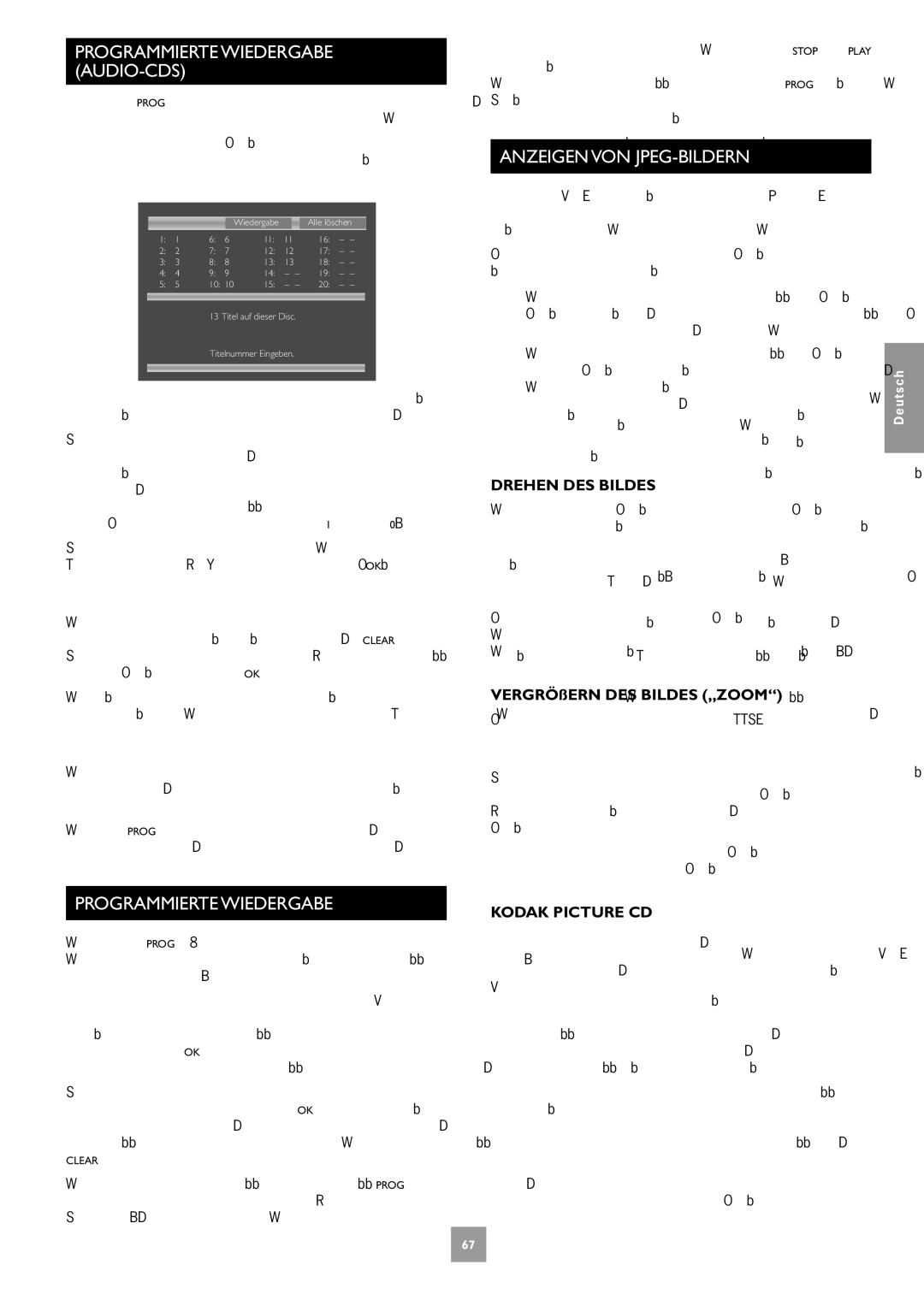 Arcam DV27A manual Programmierte Wiedergabe AUDIO-CDS, Anzeigen VON JPEG-BILDERN, Drehen DES Bildes 