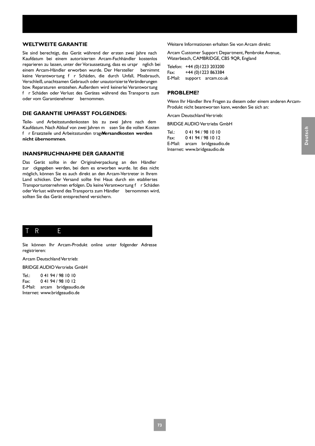 Arcam DV27A manual Online-Registrierung, Weltweite Garantie, DIE Garantie Umfasst Folgendes, Inanspruchnahme DER Garantie 