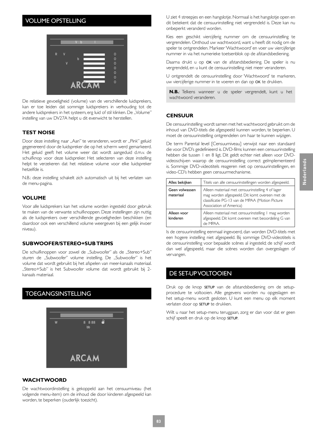 Arcam DV27A manual Volume Opstelling, Toegangsinstelling, DE SET-UP Voltooien 