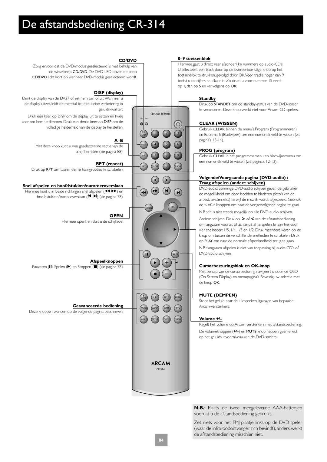 Arcam DV27A manual De afstandsbediening CR-314, Snel afspelen en hoofdstukken/nummeroverslaan, Afspeelknoppen 