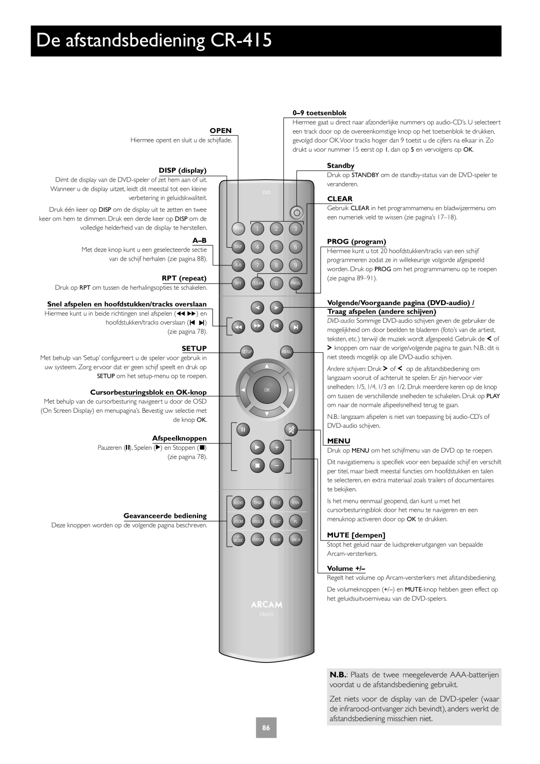 Arcam DV27A manual De afstandsbediening CR-415, Toetsenblok, Snel afspelen en hoofdstukken/tracks overslaan, Mute dempen 