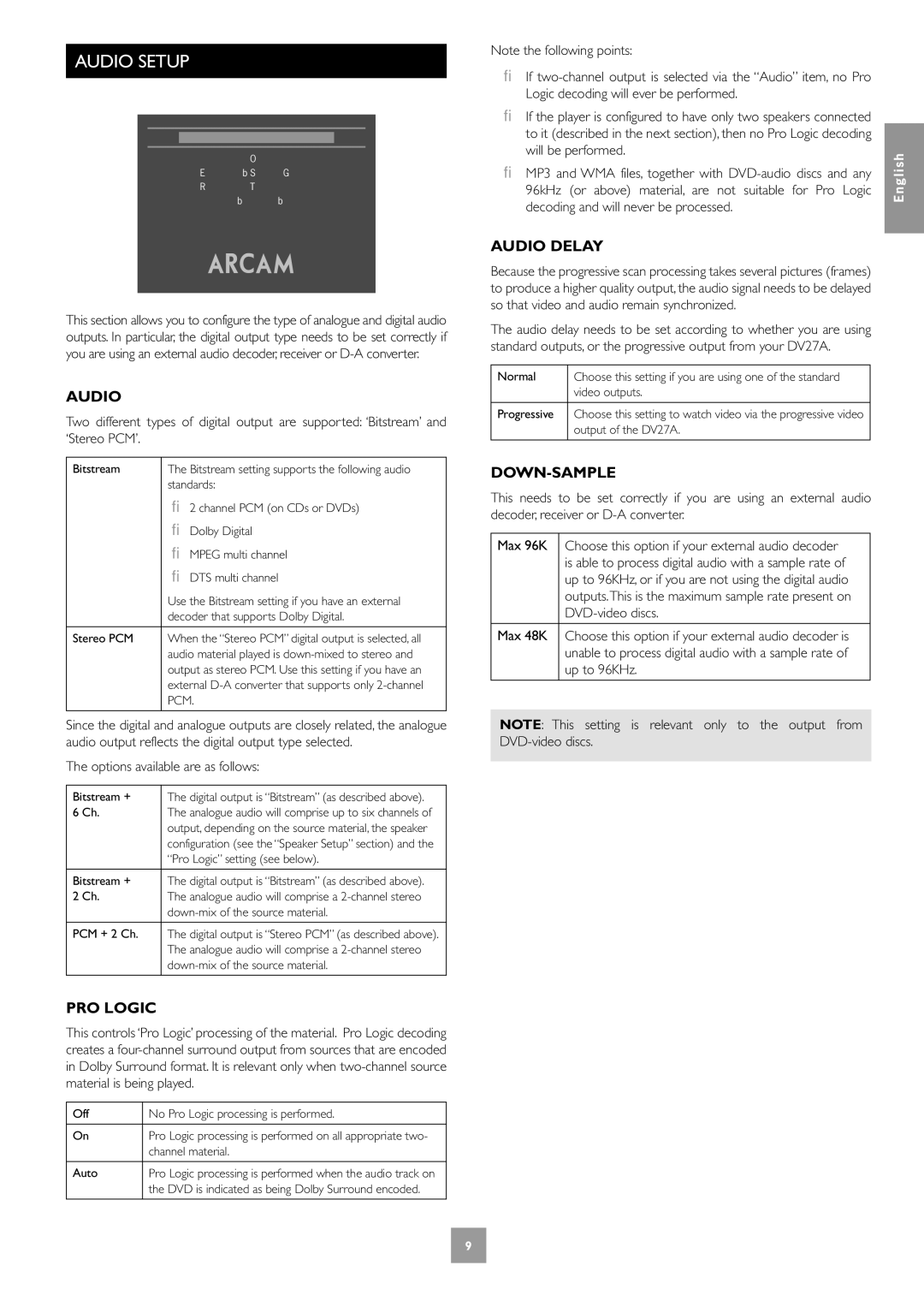 Arcam DV27A manual Audio Setup, PRO Logic, Audio Delay, Down-Sample 