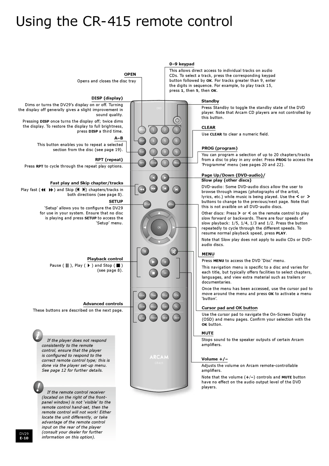 Arcam DV29 manual Using the CR-415 remote control 