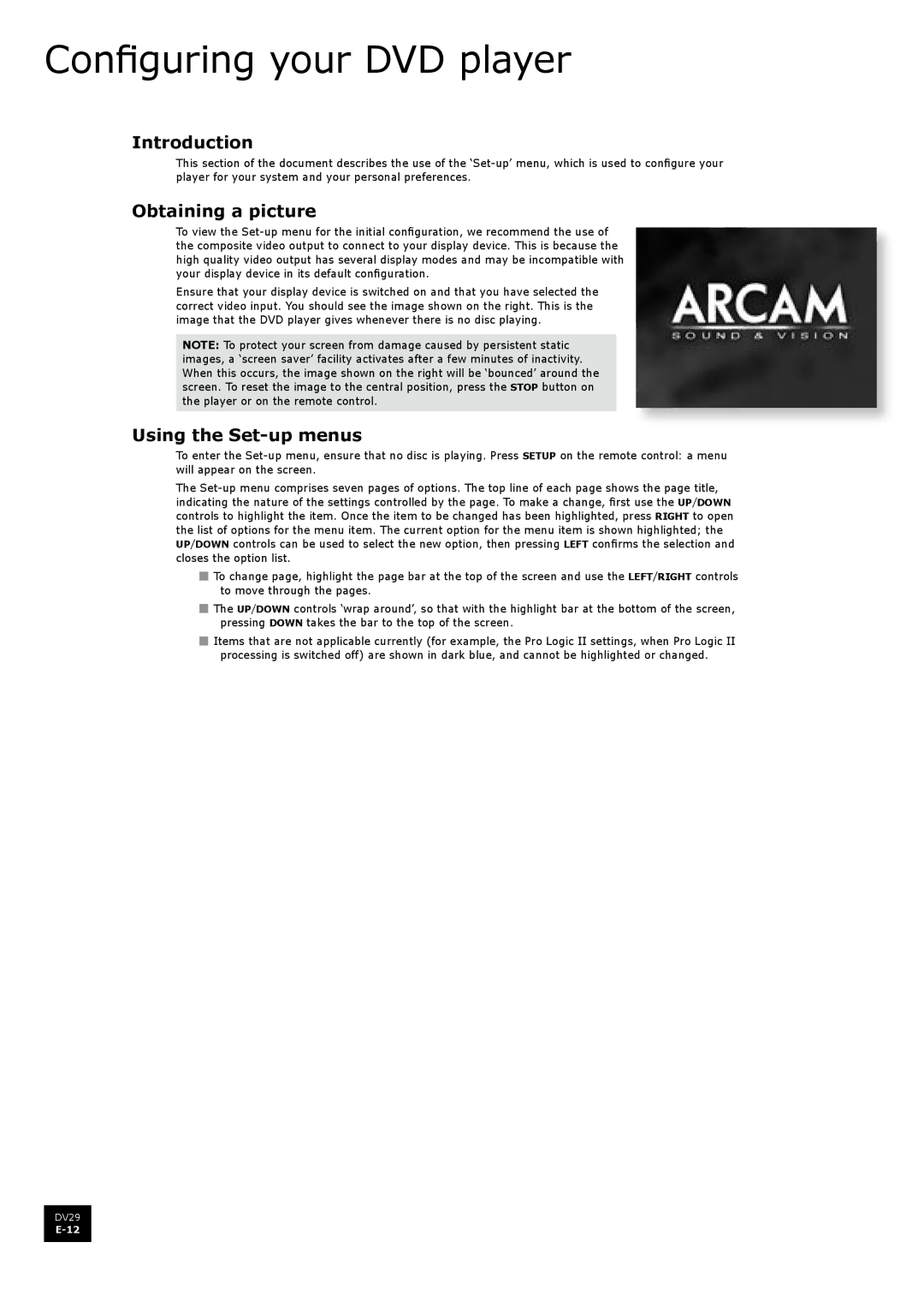 Arcam DV29 manual Configuring your DVD player, Obtaining a picture, Using the Set-up menus 