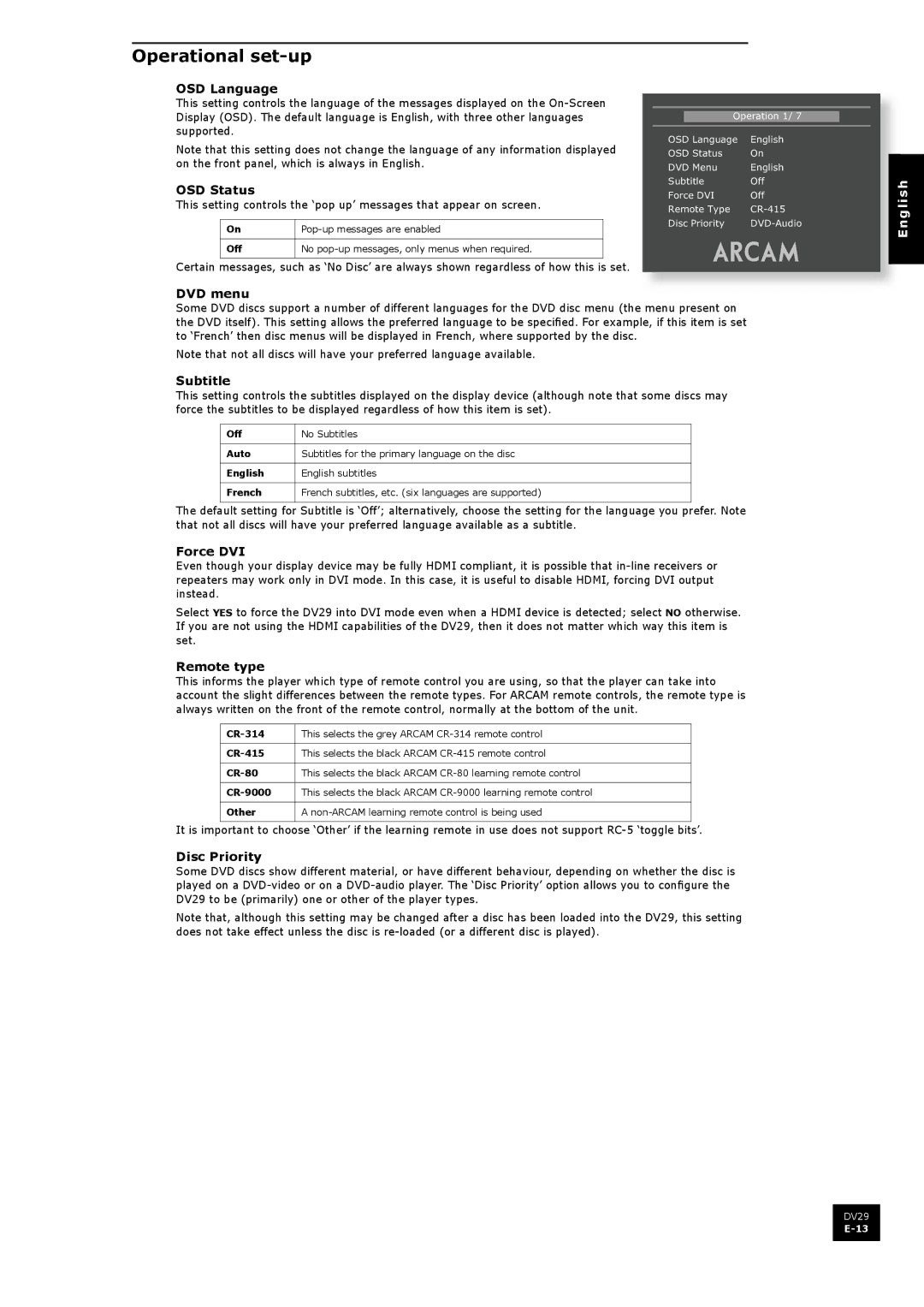 Arcam DV29 manual Operational set-up 