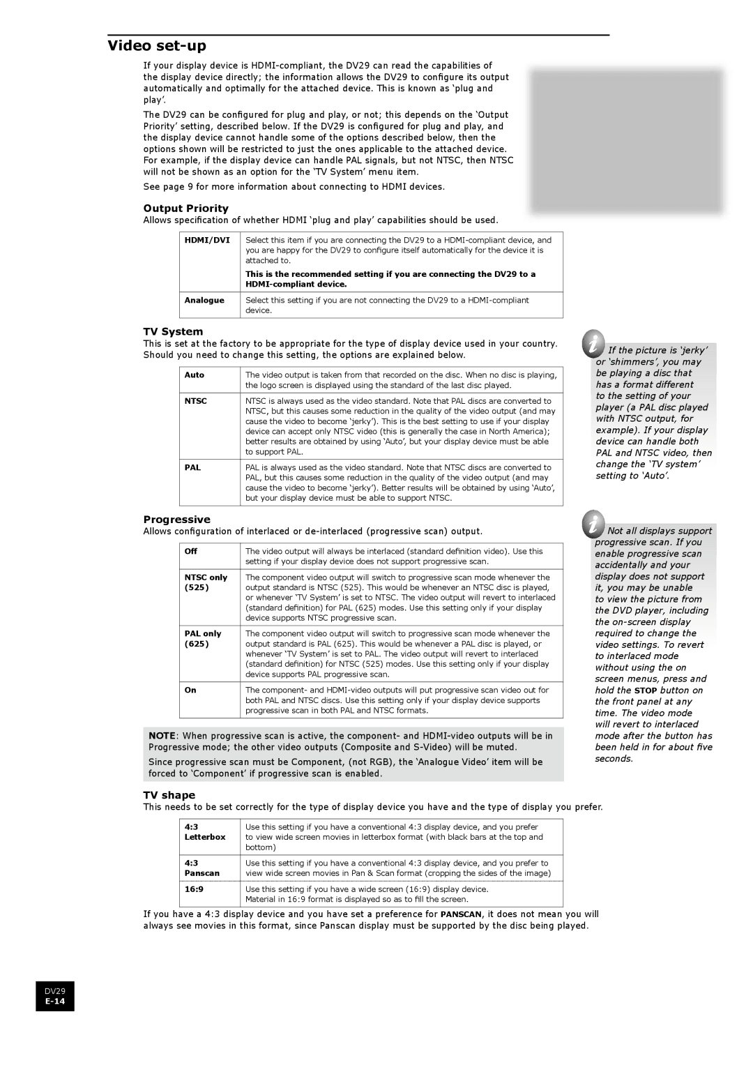 Arcam DV29 manual Video set-up, Output Priority, TV System, Progressive, TV shape 