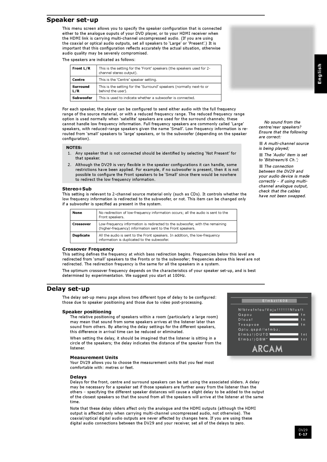 Arcam DV29 manual Speaker set-up, Delay set-up 