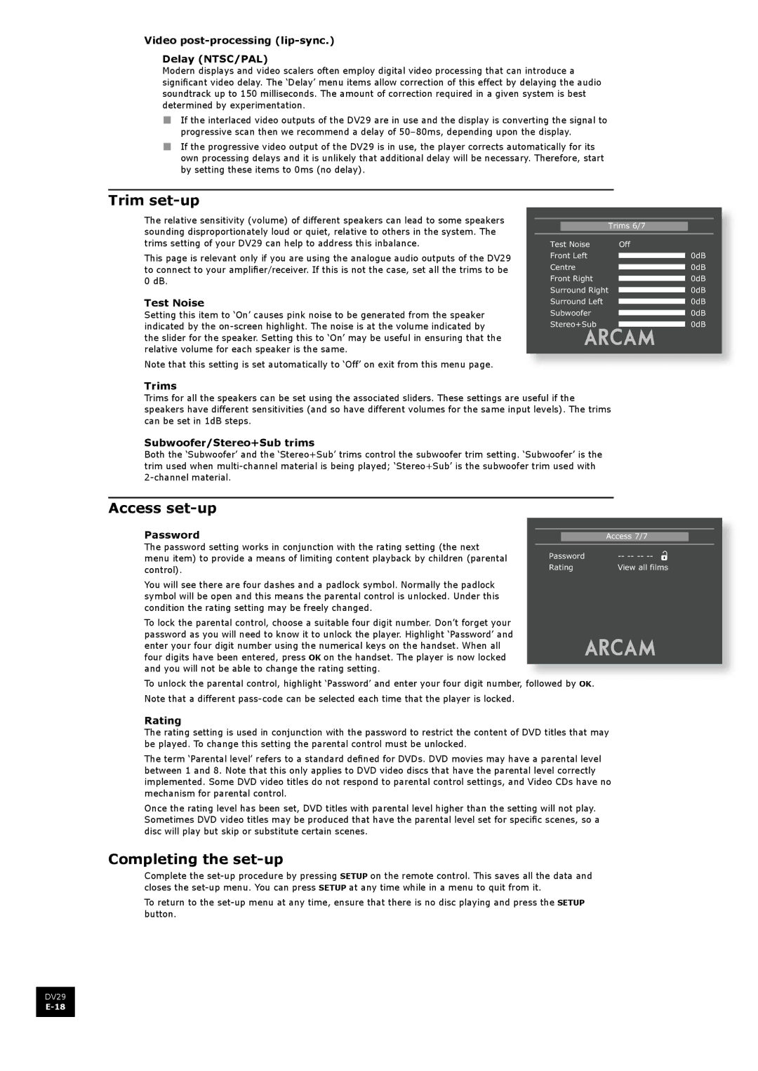 Arcam DV29 manual Trim set-up, Access set-up, Completing the set-up 