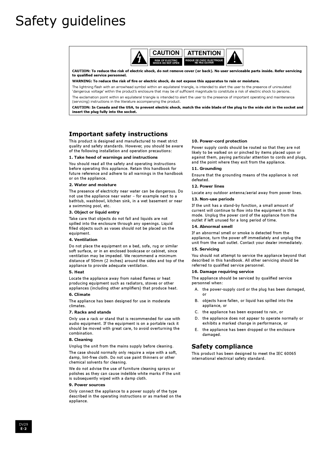 Arcam DV29 manual Safety guidelines, Important safety instructions, Safety compliance 