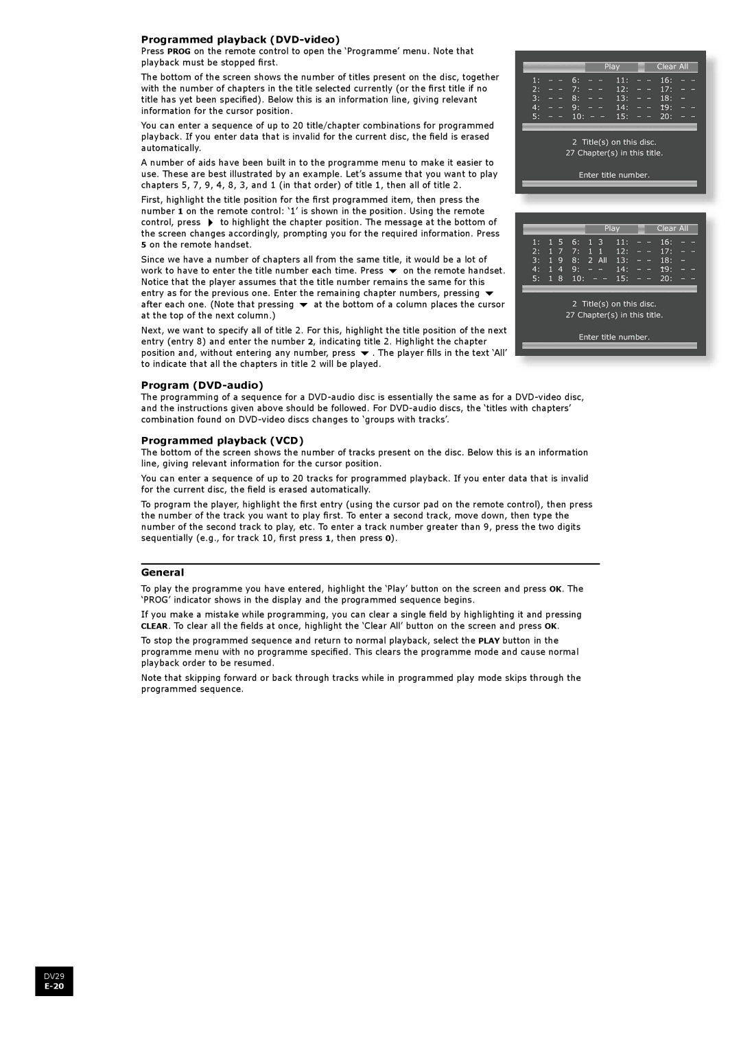 Arcam DV29 manual Programmed playback DVD-video, Program DVD-audio, Programmed playback VCD, General 