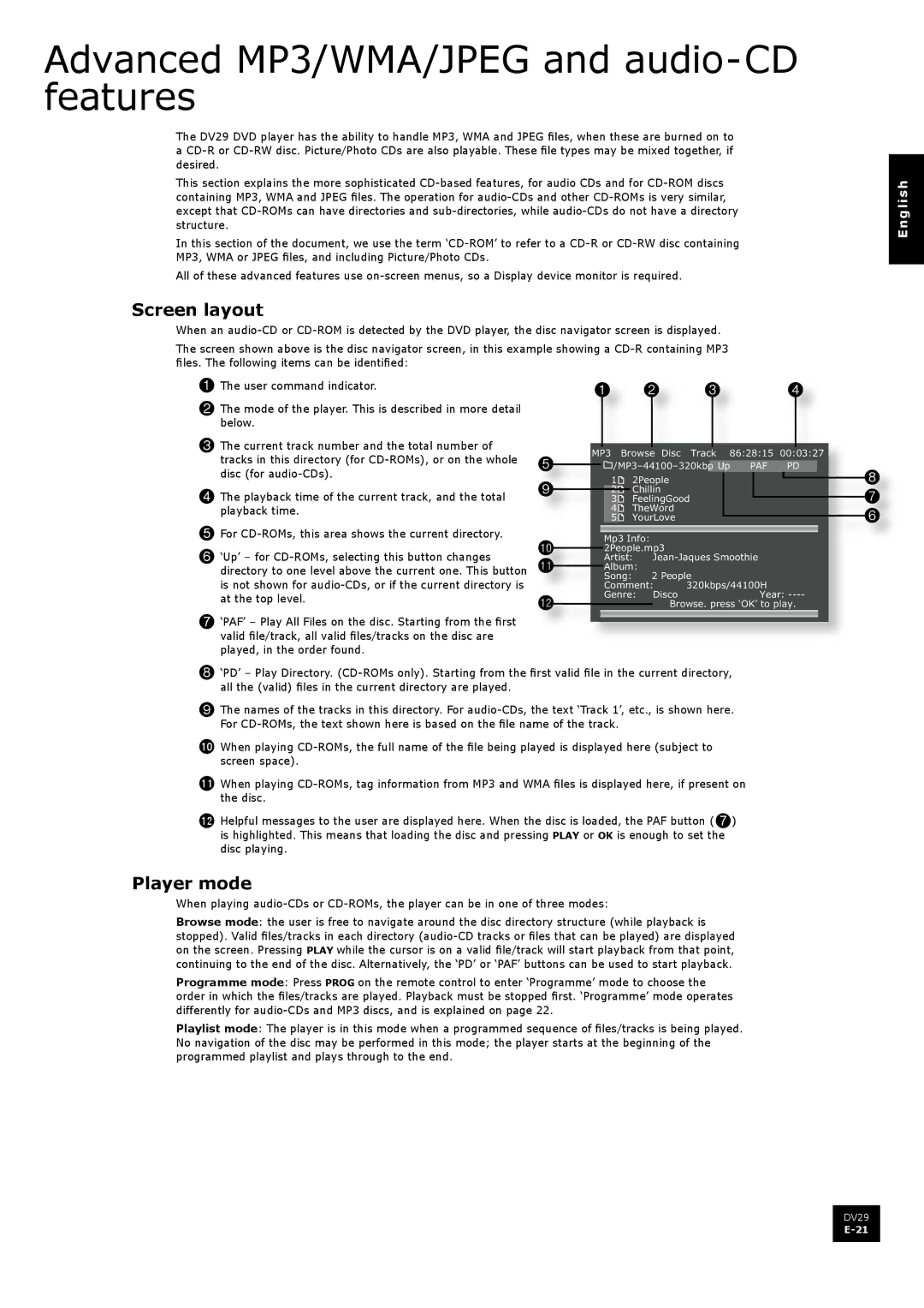 Arcam DV29 manual Advanced MP3/WMA/JPEG and audio-CD features, Screen layout, Player mode 