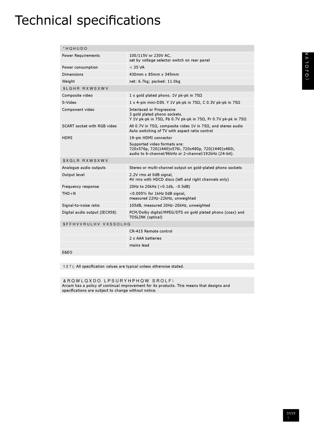 Arcam DV29 manual Technical specifications, Continual improvement policy 