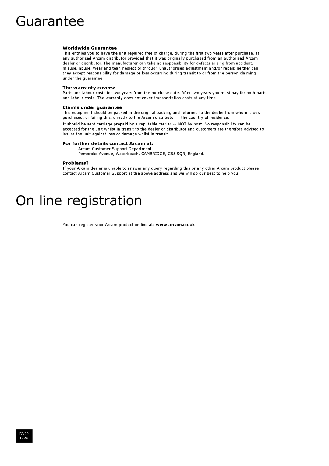 Arcam DV29 manual Guarantee, On line registration 