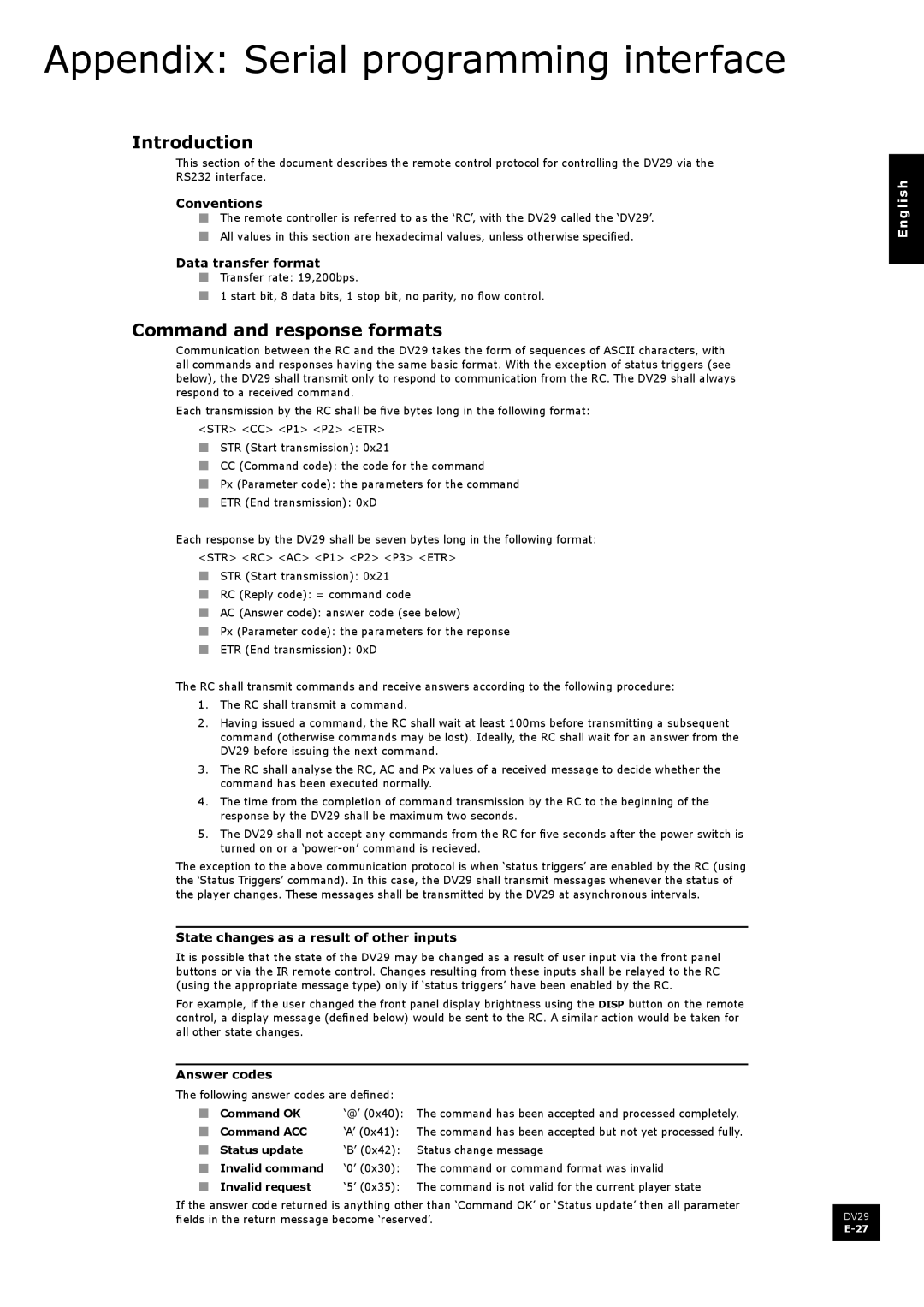 Arcam DV29 manual Appendix Serial programming interface, Command and response formats 