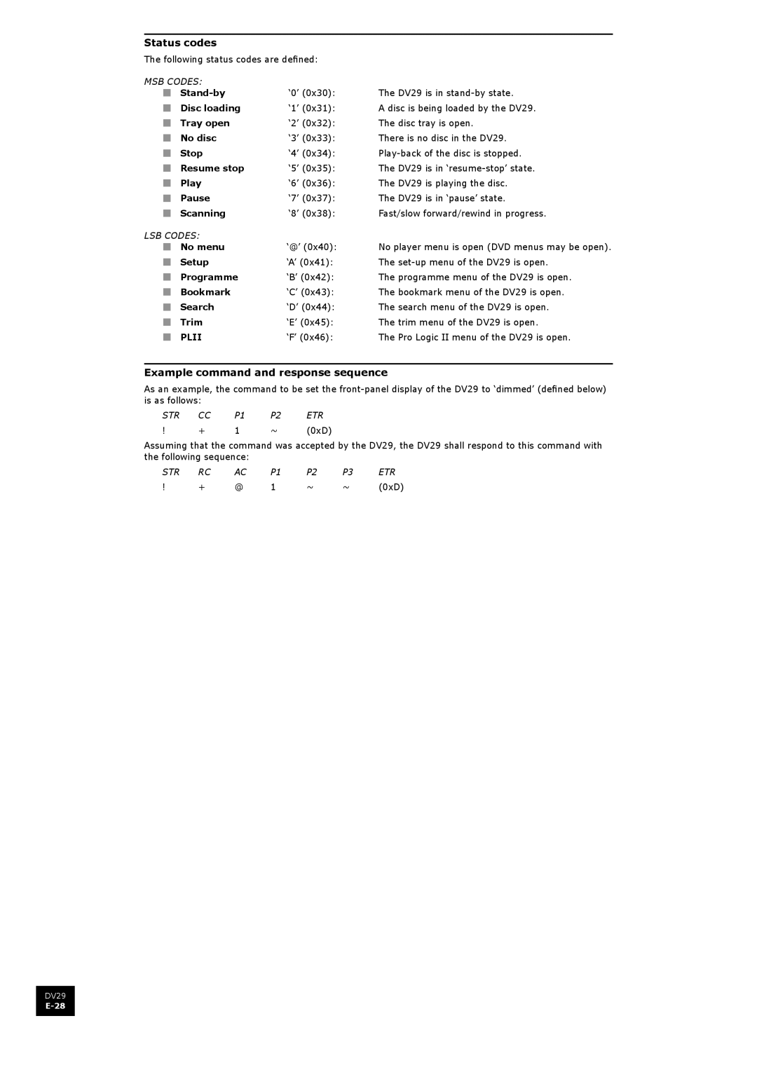 Arcam DV29 manual Status codes, Example command and response sequence 