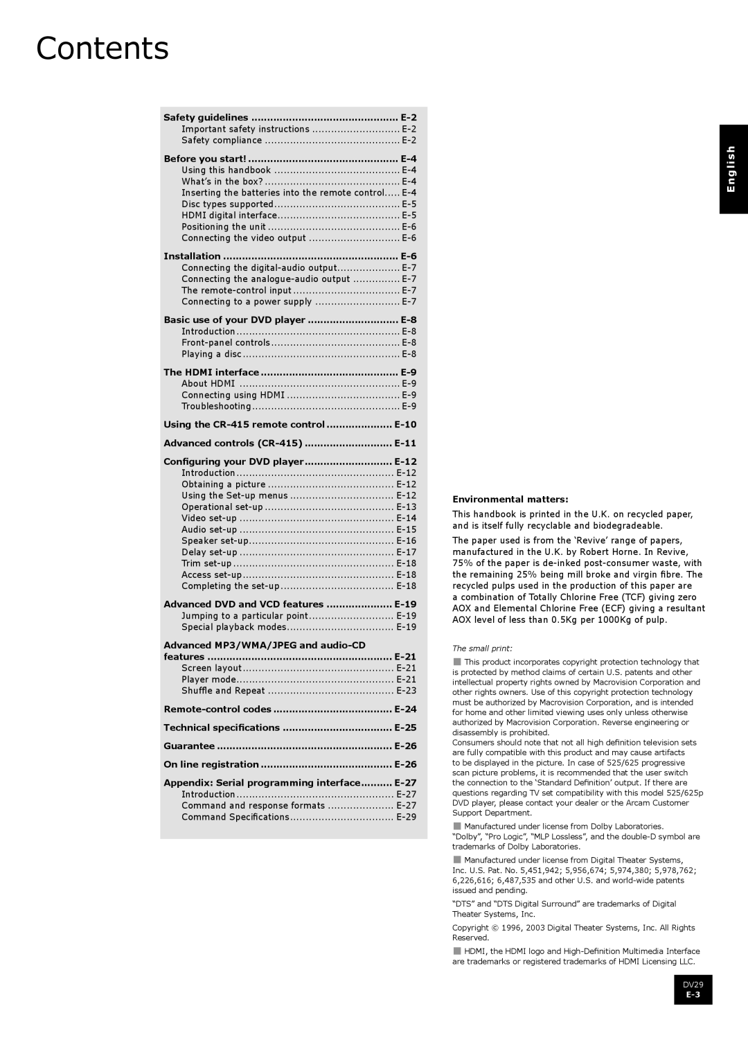 Arcam DV29 manual Contents 