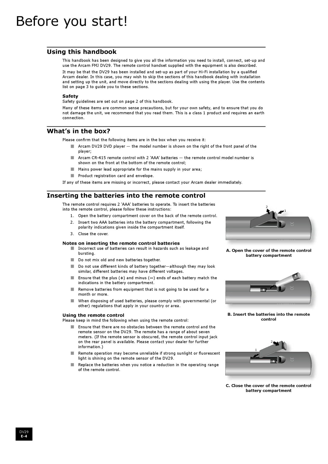 Arcam DV29 Before you start, Using this handbook, What’s in the box?, Inserting the batteries into the remote control 