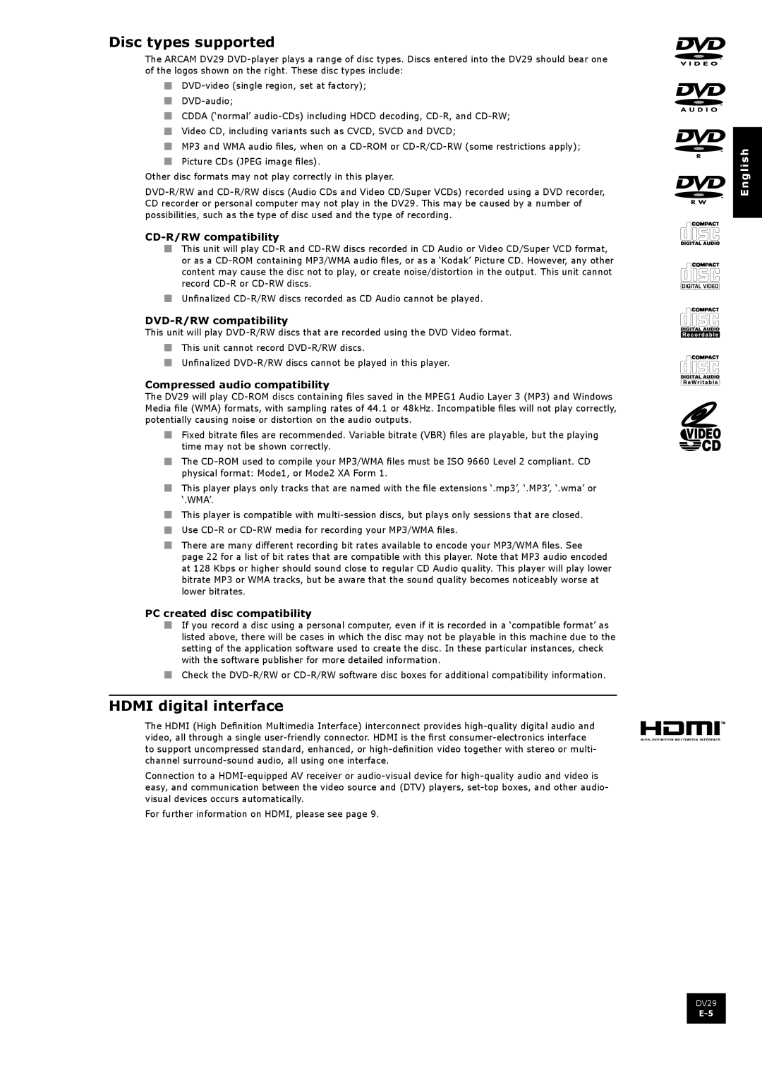 Arcam DV29 manual Disc types supported, Hdmi digital interface 