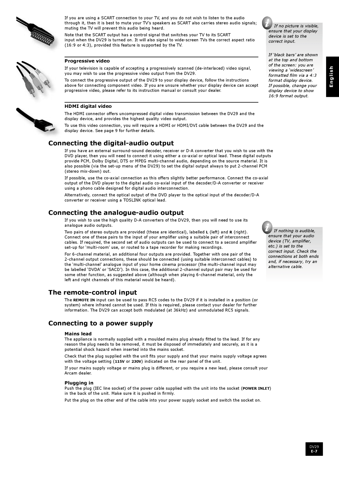 Arcam DV29 manual Connecting the digital-audio output, Connecting the analogue-audio output, Remote-control input 