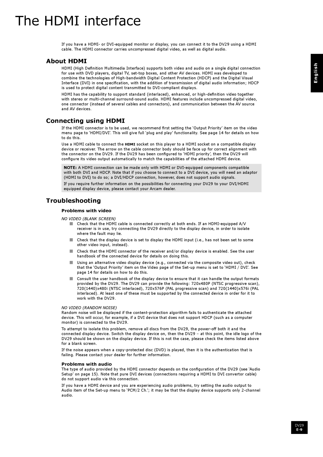 Arcam DV29 manual Hdmi interface, About Hdmi, Connecting using Hdmi, Troubleshooting 