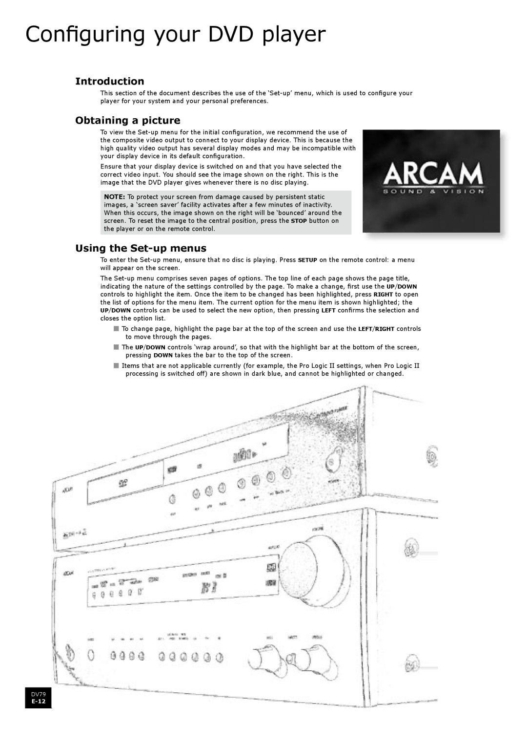 Arcam DV79 manual Configuring your DVD player, Obtaining a picture, Using the Set-up menus 