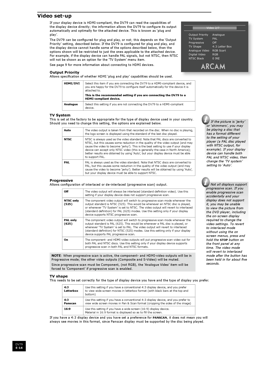 Arcam DV79 manual Video set-up, Output Priority, TV System, Progressive, TV shape 