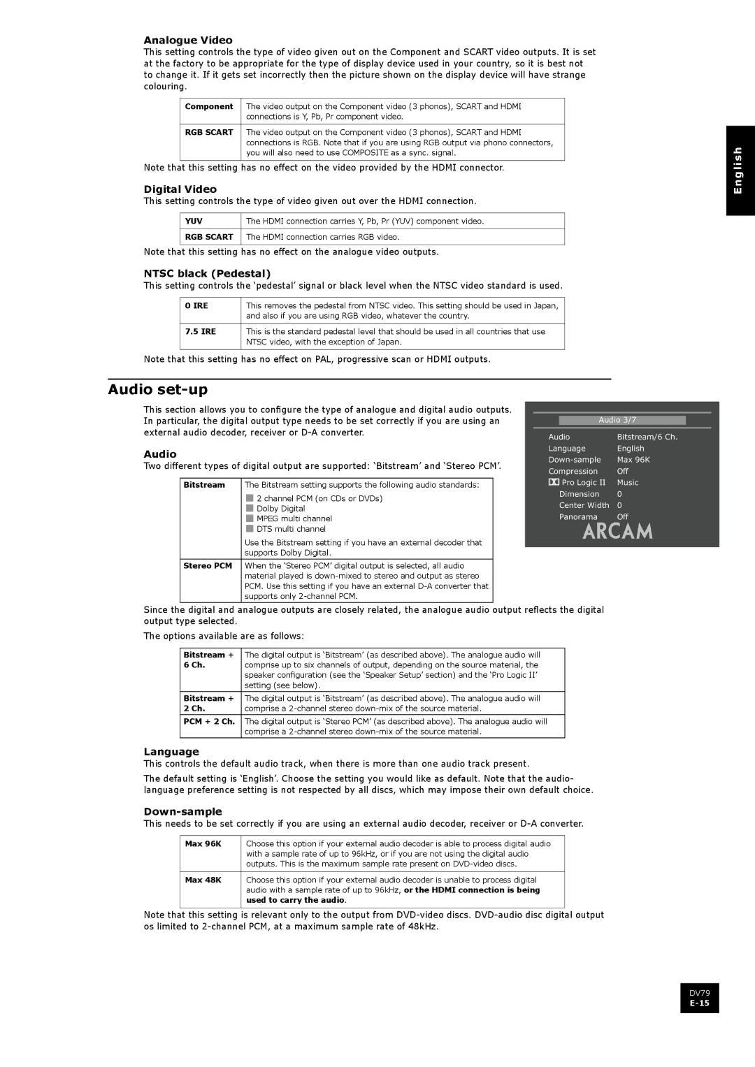 Arcam DV79 manual Audio set-up 