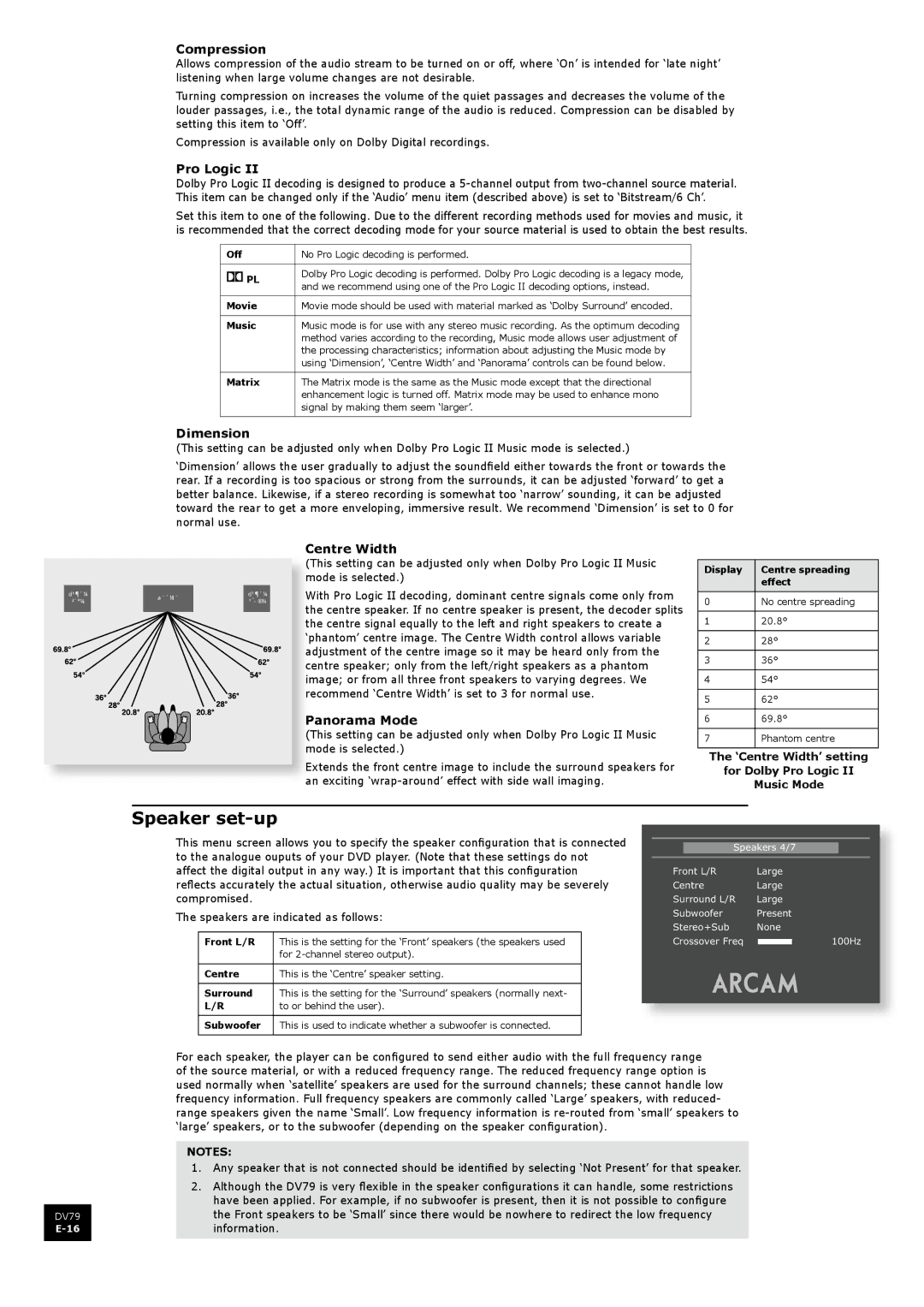 Arcam DV79 manual Speaker set-up 