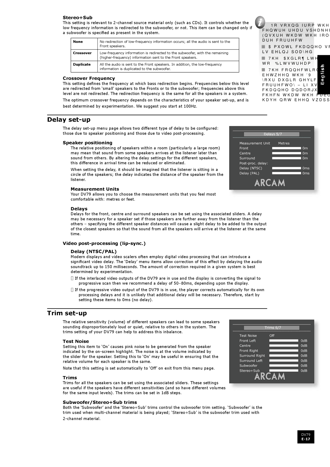 Arcam DV79 manual Delay set-up, Trim set-up 