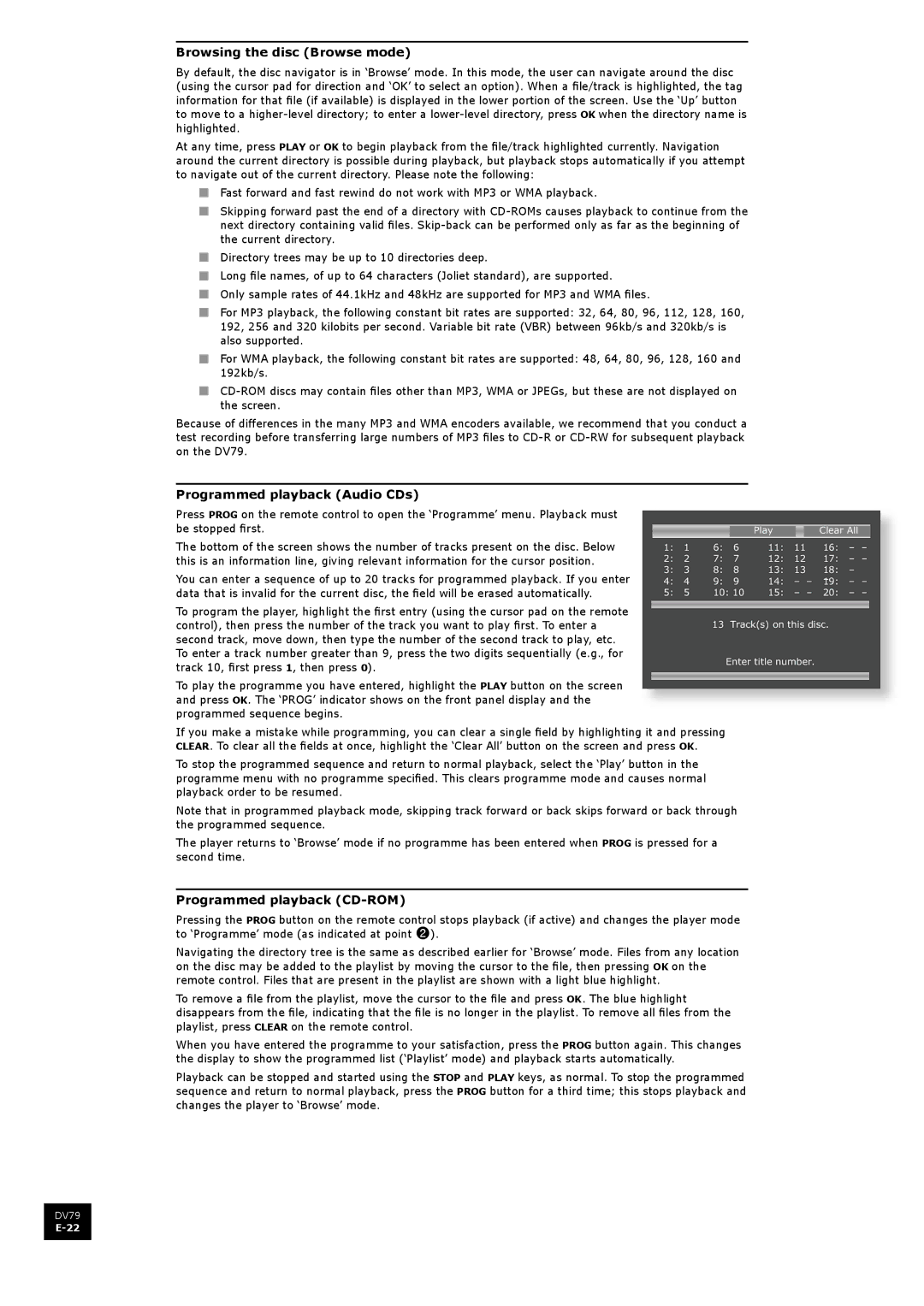 Arcam DV79 manual Browsing the disc Browse mode, Programmed playback Audio CDs, Programmed playback CD-ROM 