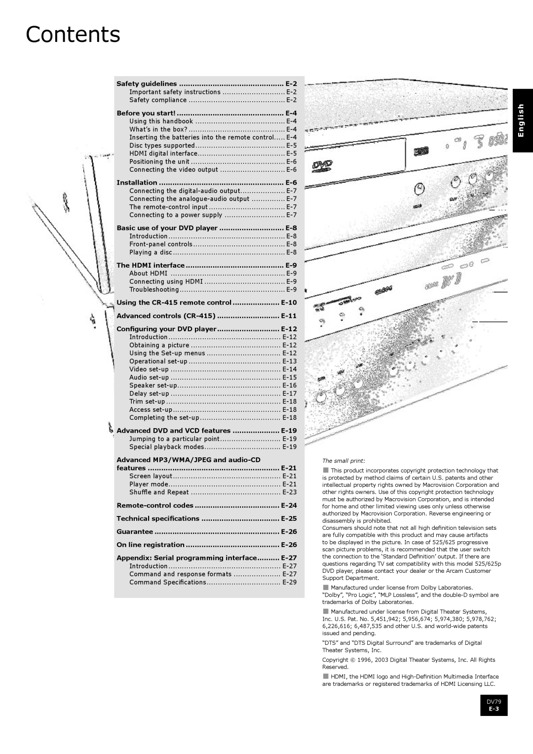 Arcam DV79 manual Contents 