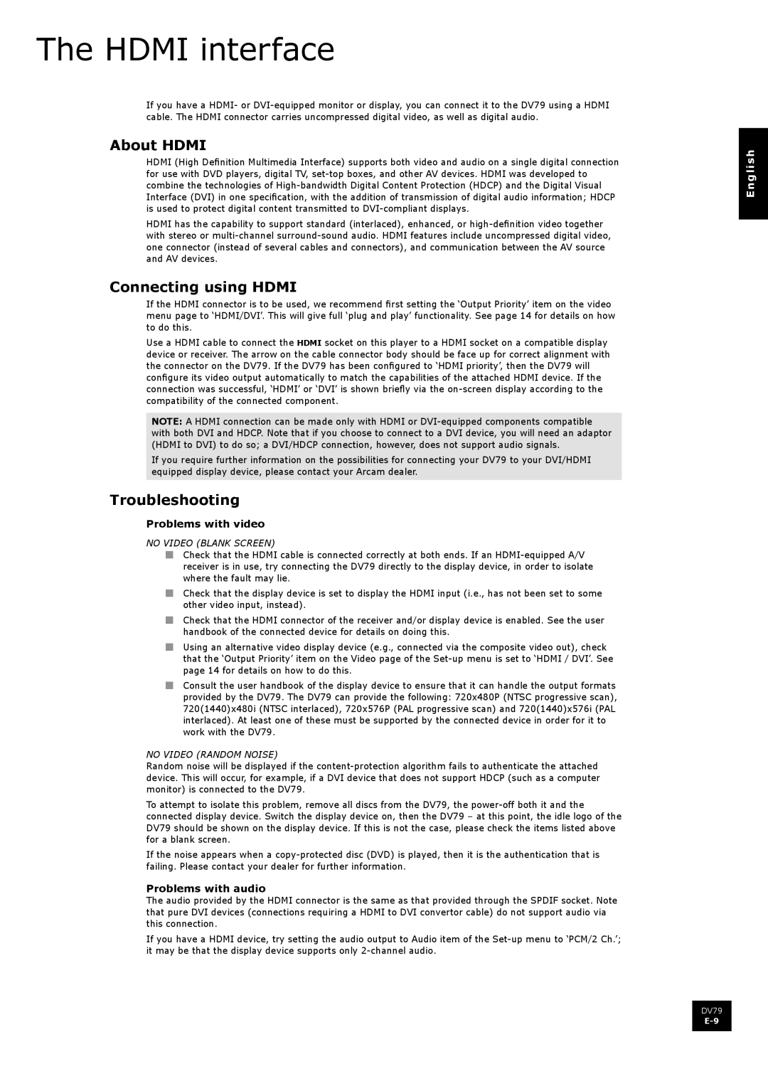 Arcam DV79 manual Hdmi interface, About Hdmi, Connecting using Hdmi, Troubleshooting 